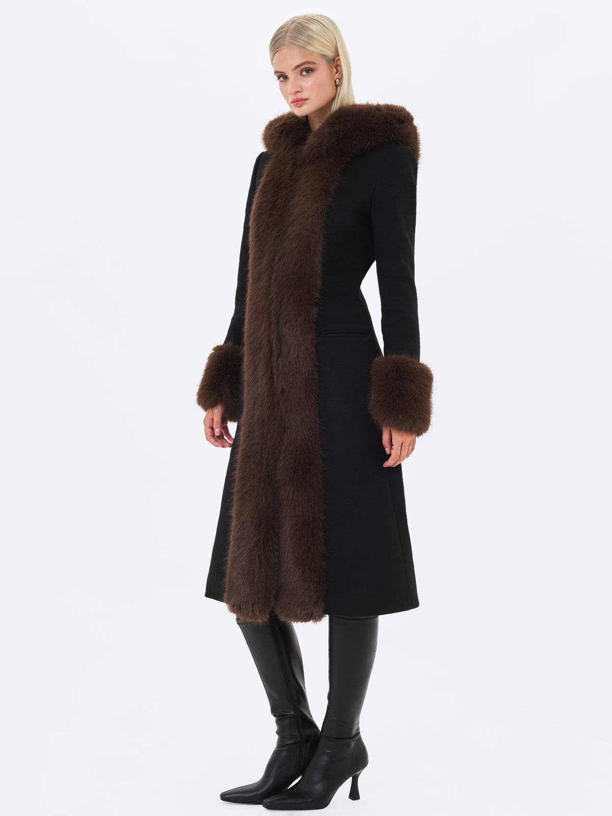 Sloan Black Wool Blend Sculpted Midi Coat with Fur Hood