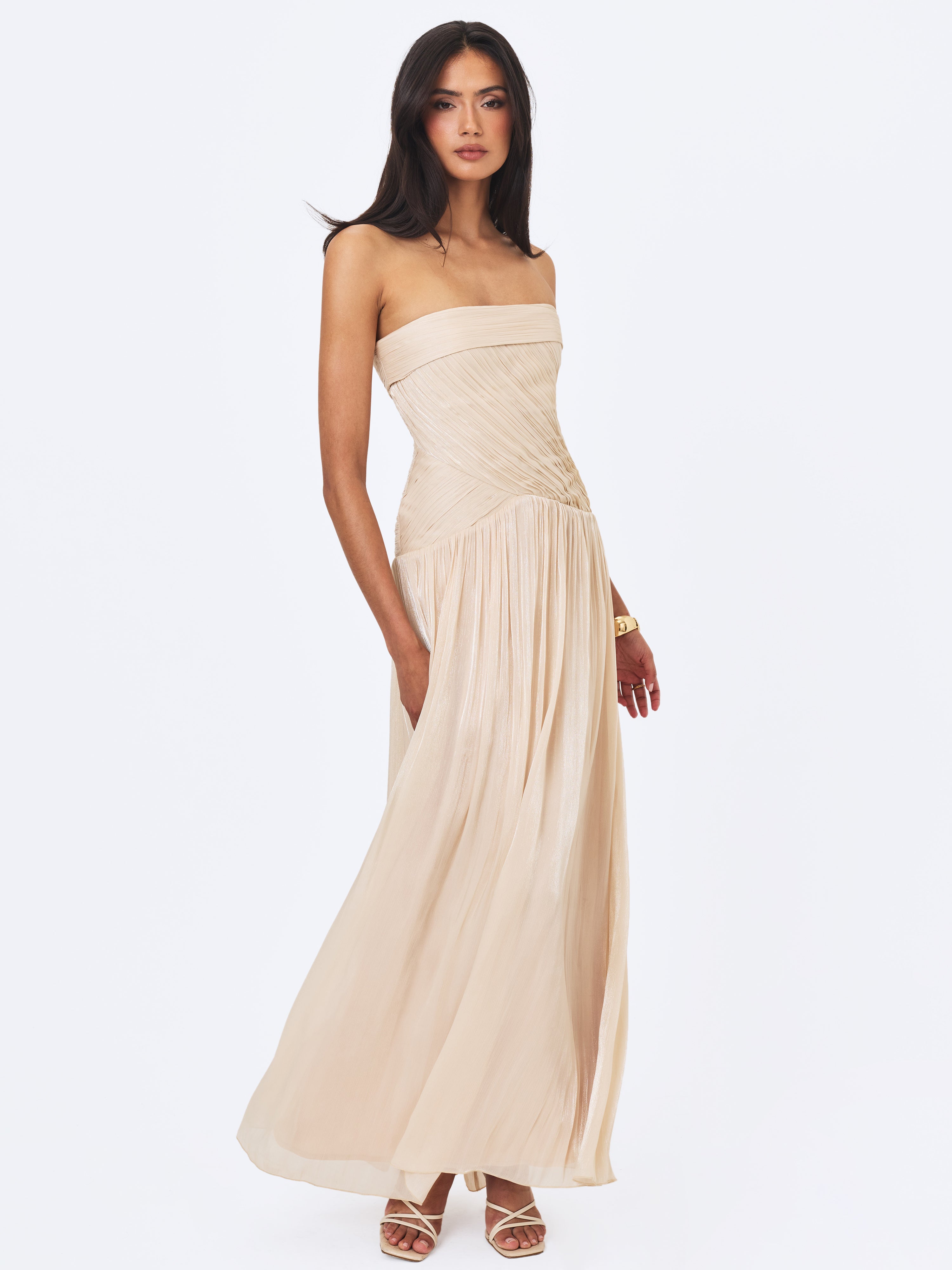 Olivine Light Beige Crystal Organza Strapless Maxi Dress