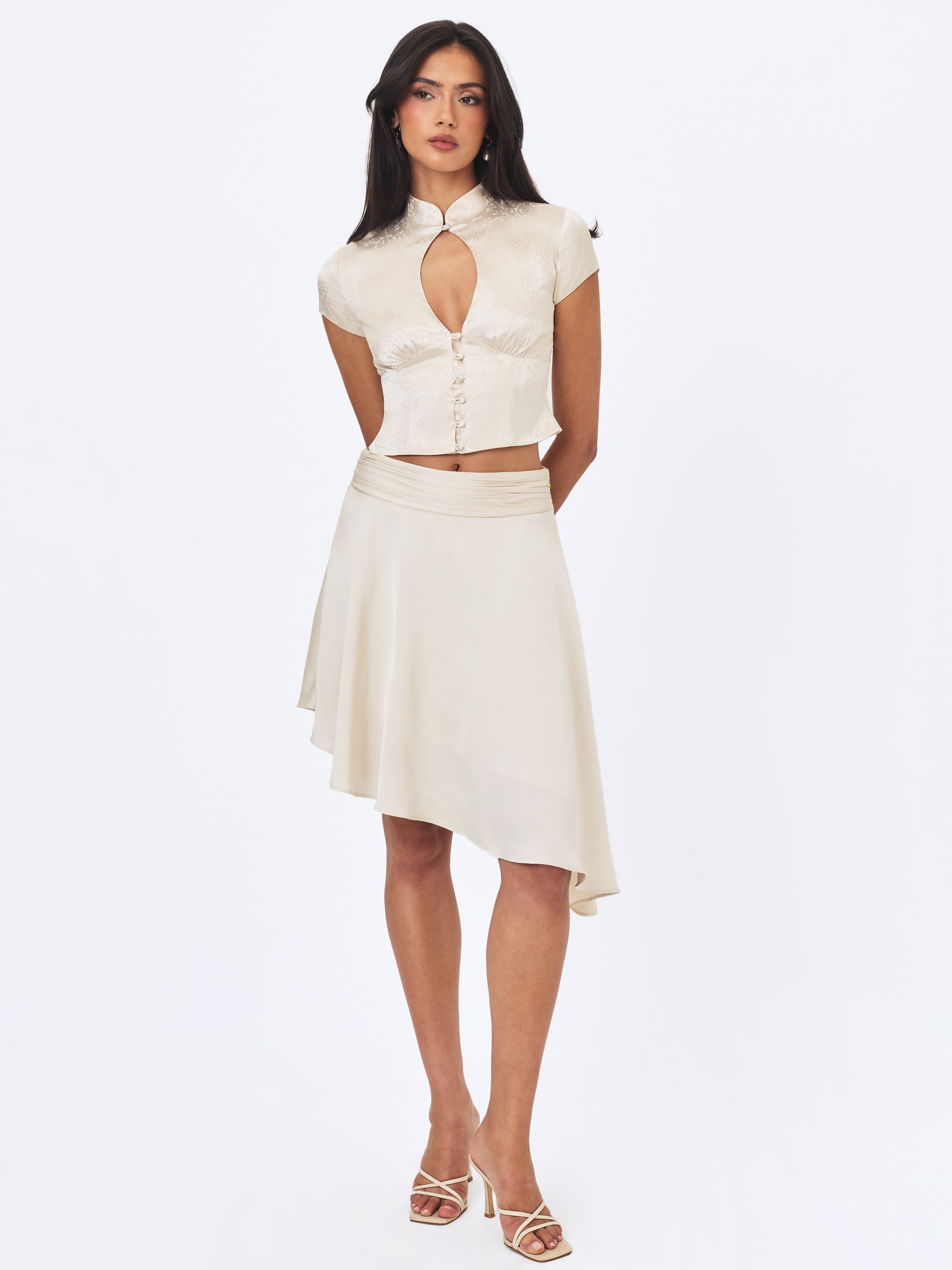 Galina Ivory Satin Asymmetrical Midi Skirt