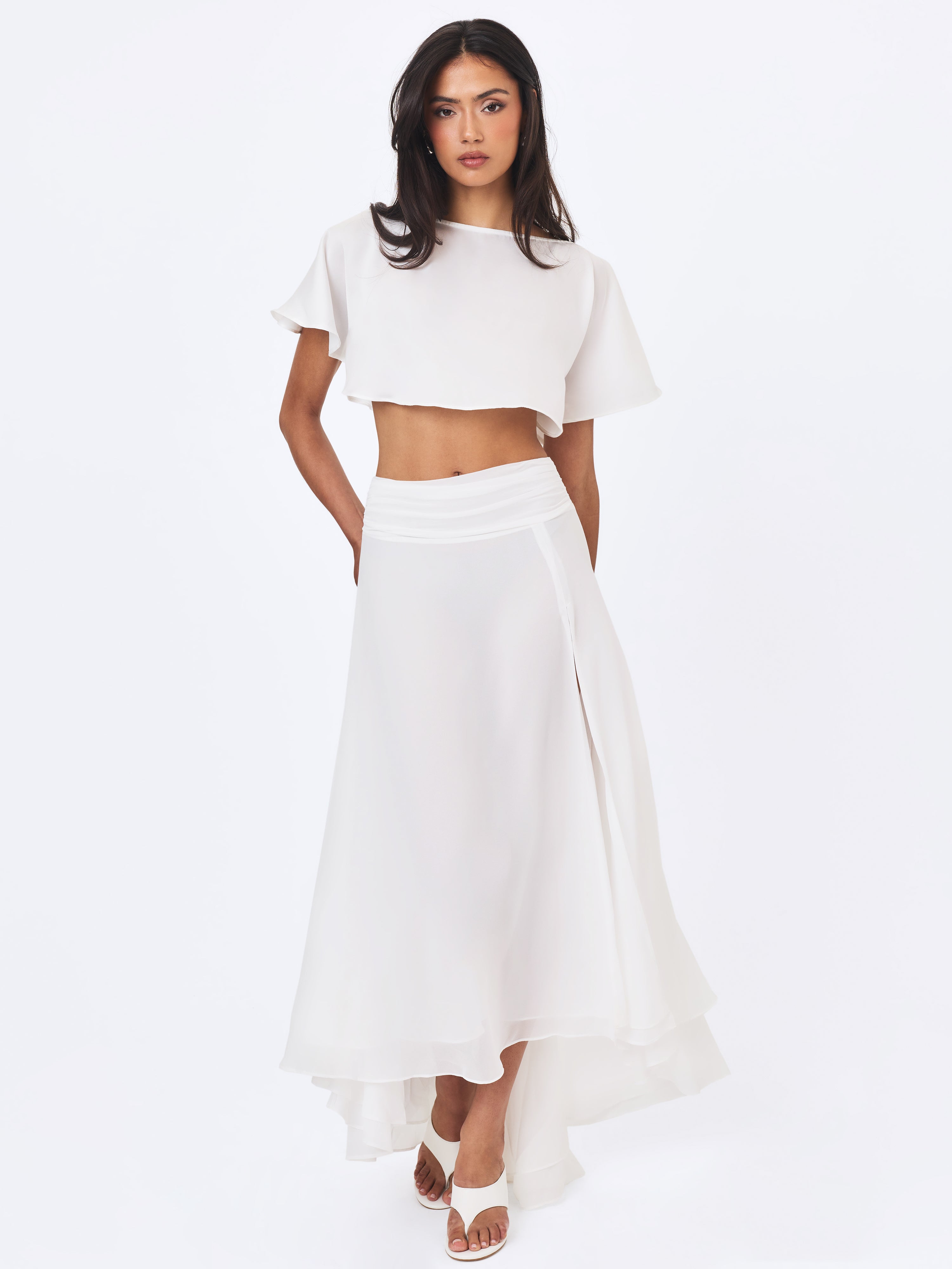 Yarae White Satin Boat Neck Cape Top