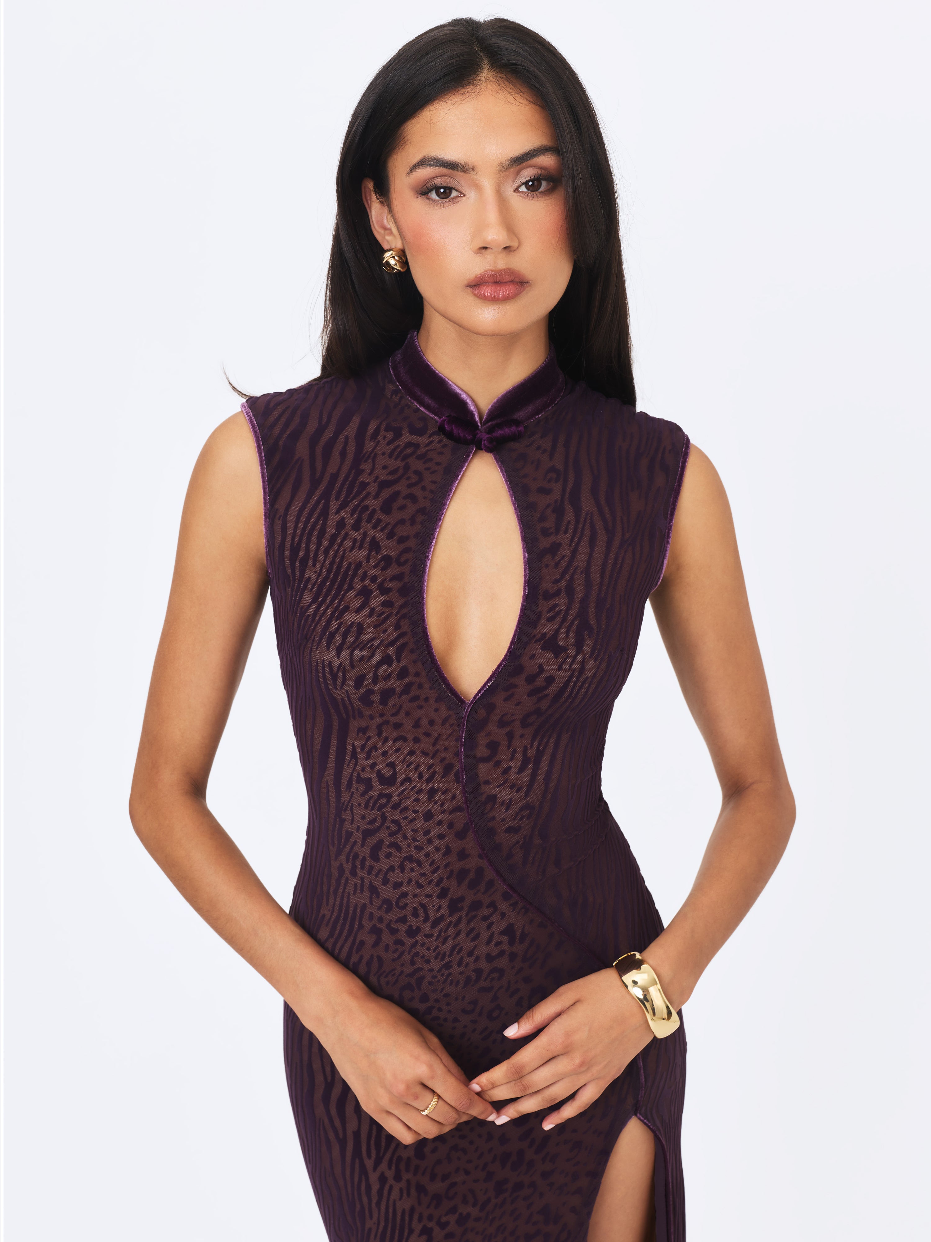 Riona Violet Burnout Velvet Mesh Keyhole Maxi Dress