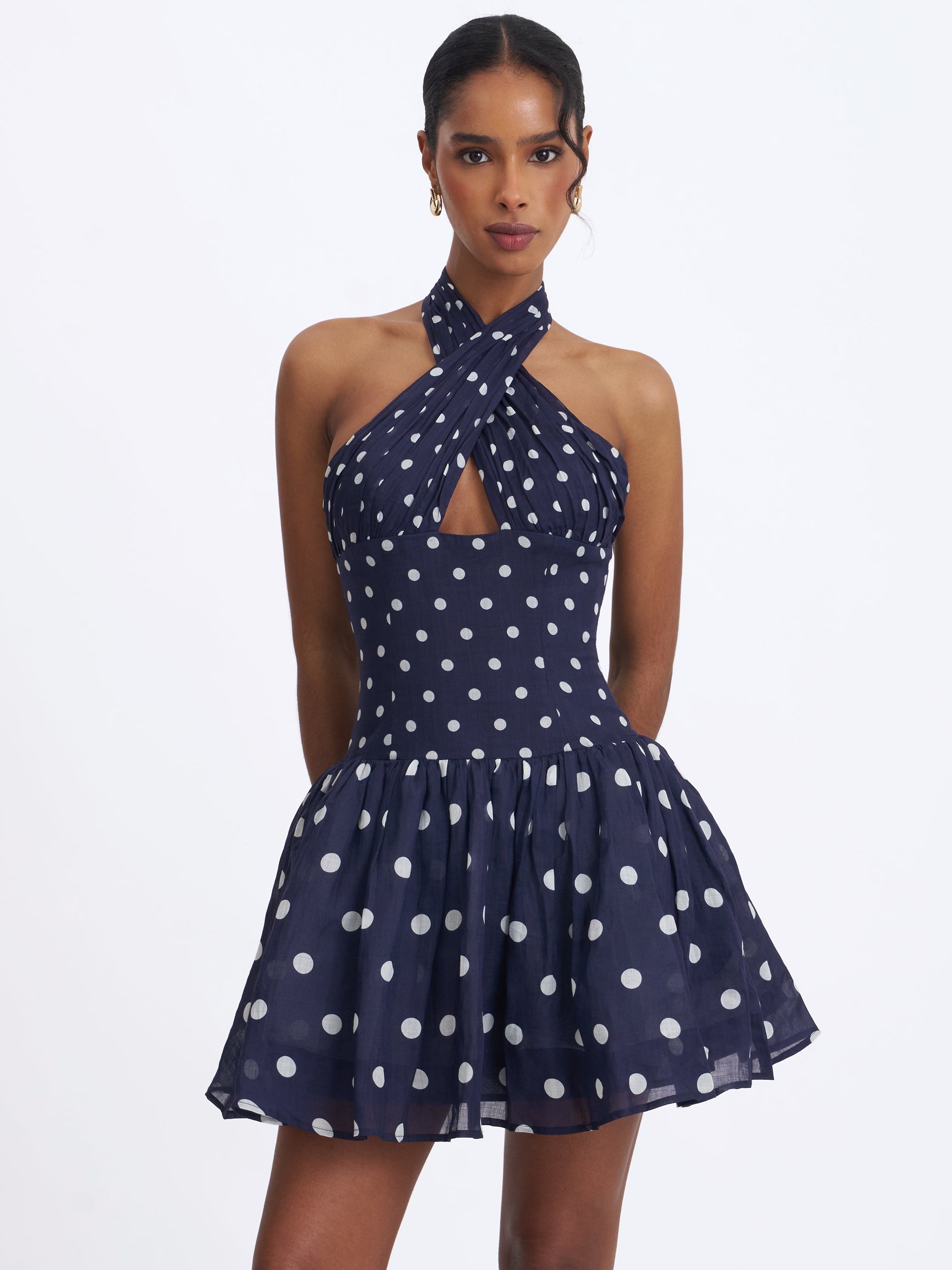 Yamina Navy Polka Dot Ramie Crossover Halter Gathered Mini Dress