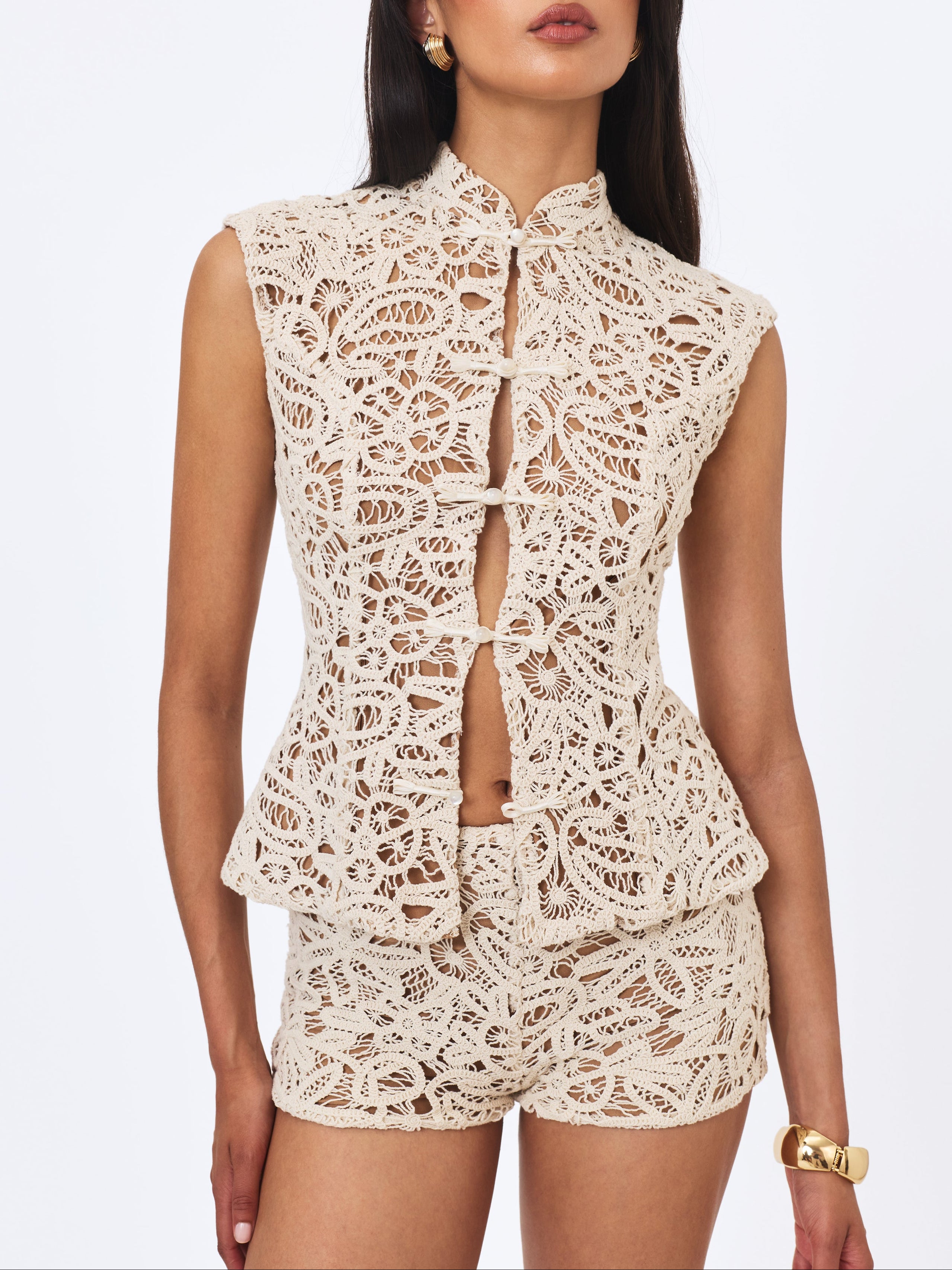 Rosetta Cream Cotton Crochet Mandarin Collar Top