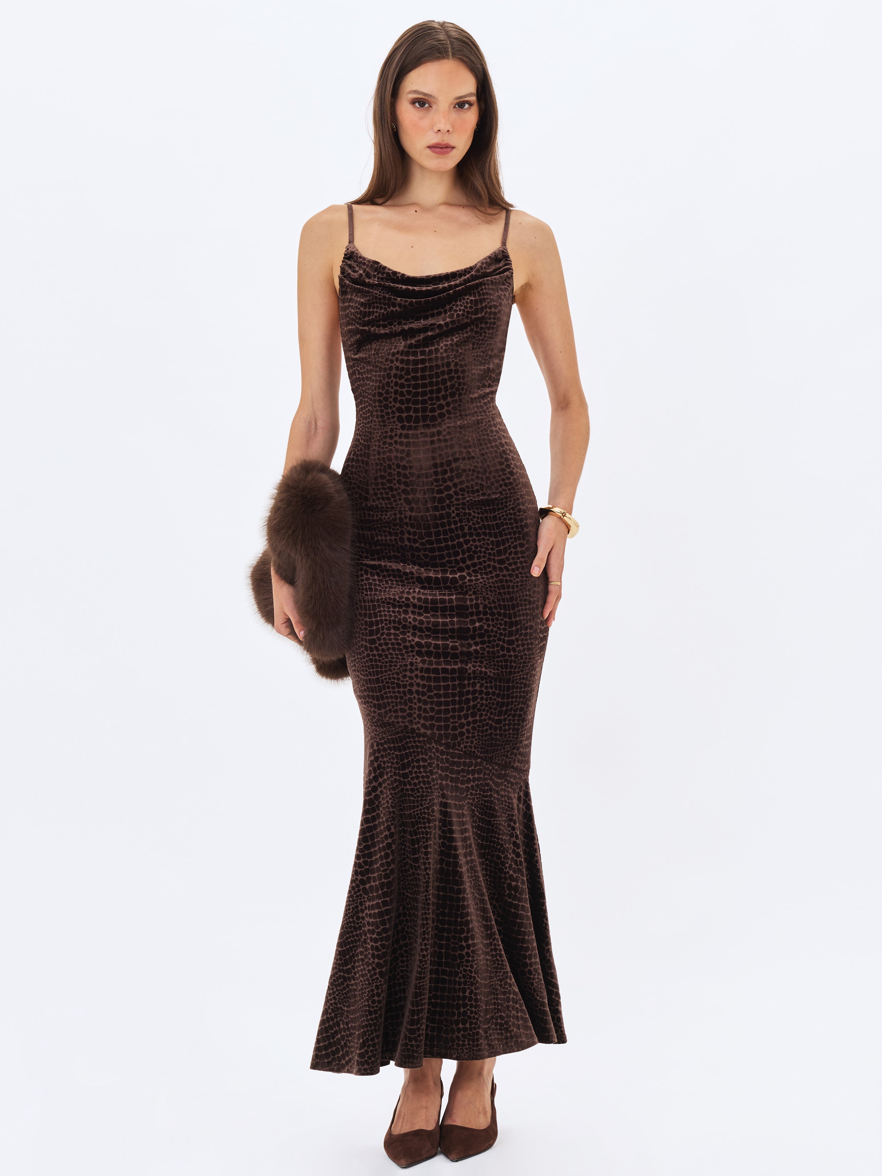 Veronique Brown Croc-Embossed Velvet Cowl Neck Mermaid Maxi Dress