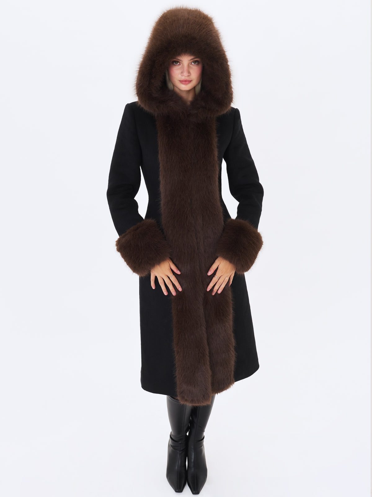 Sloan Black Wool Blend Sculpted Midi Coat with Fur Hood