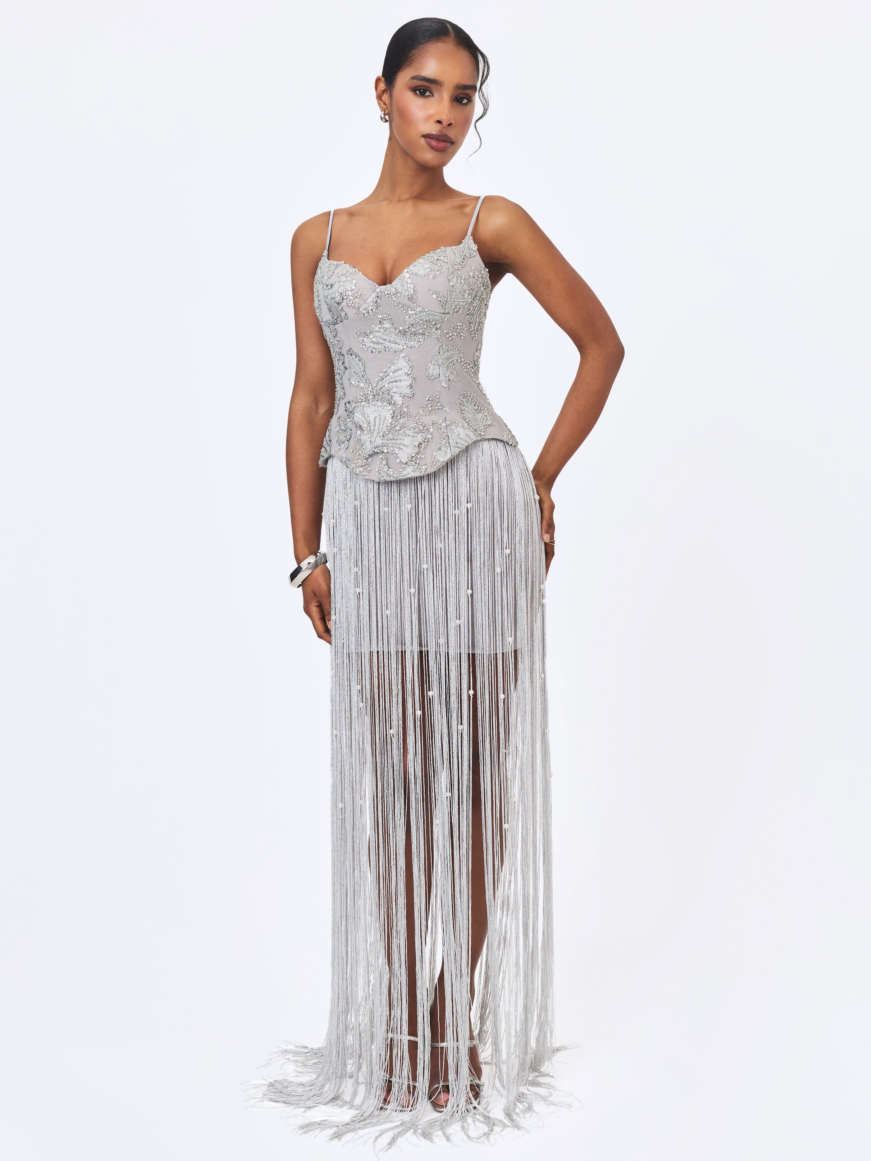 Olisa Silver Beaded Peplum Tassel Maxi Dress