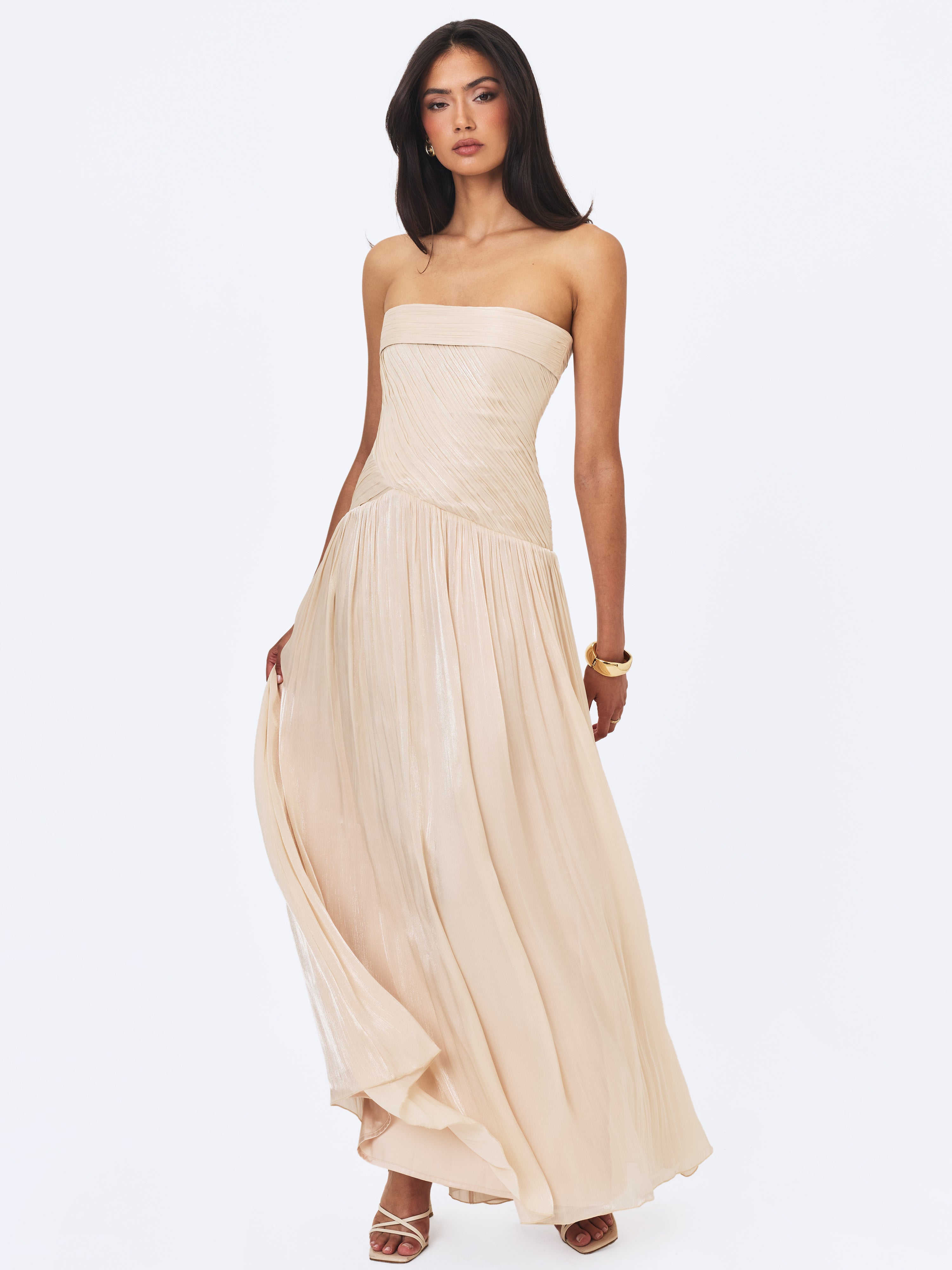 Olivine Light Beige Crystal Organza Strapless Maxi Dress