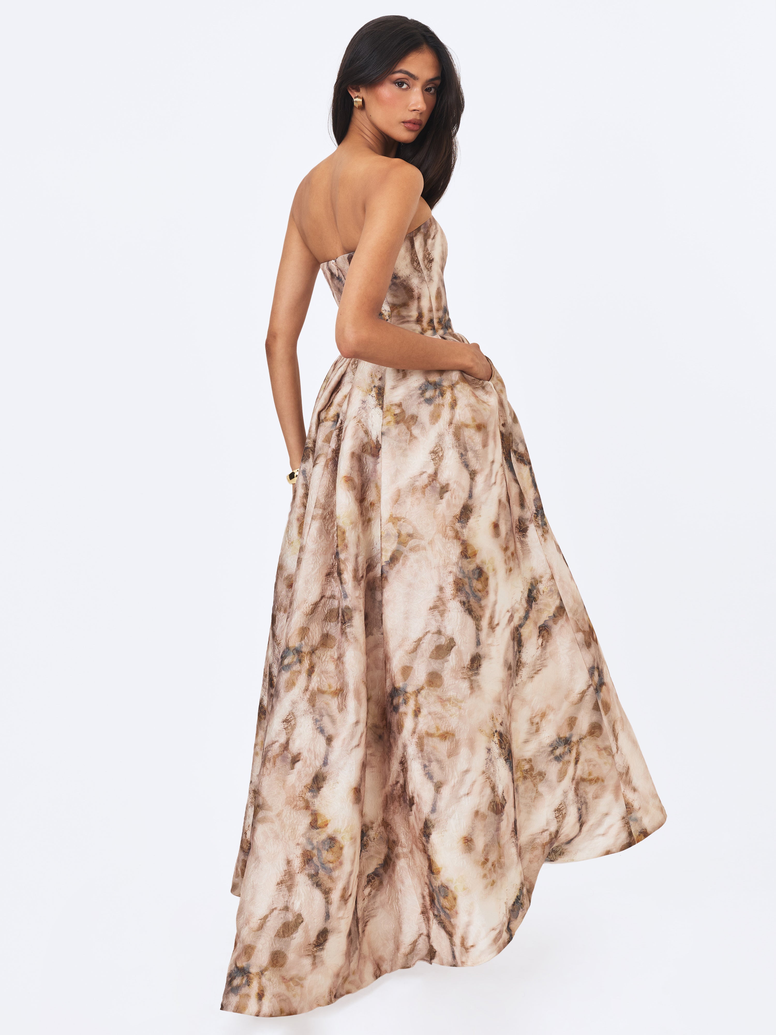 Micaela Camel Watercolor Jacquard Chiffon Dipped Hem Gown