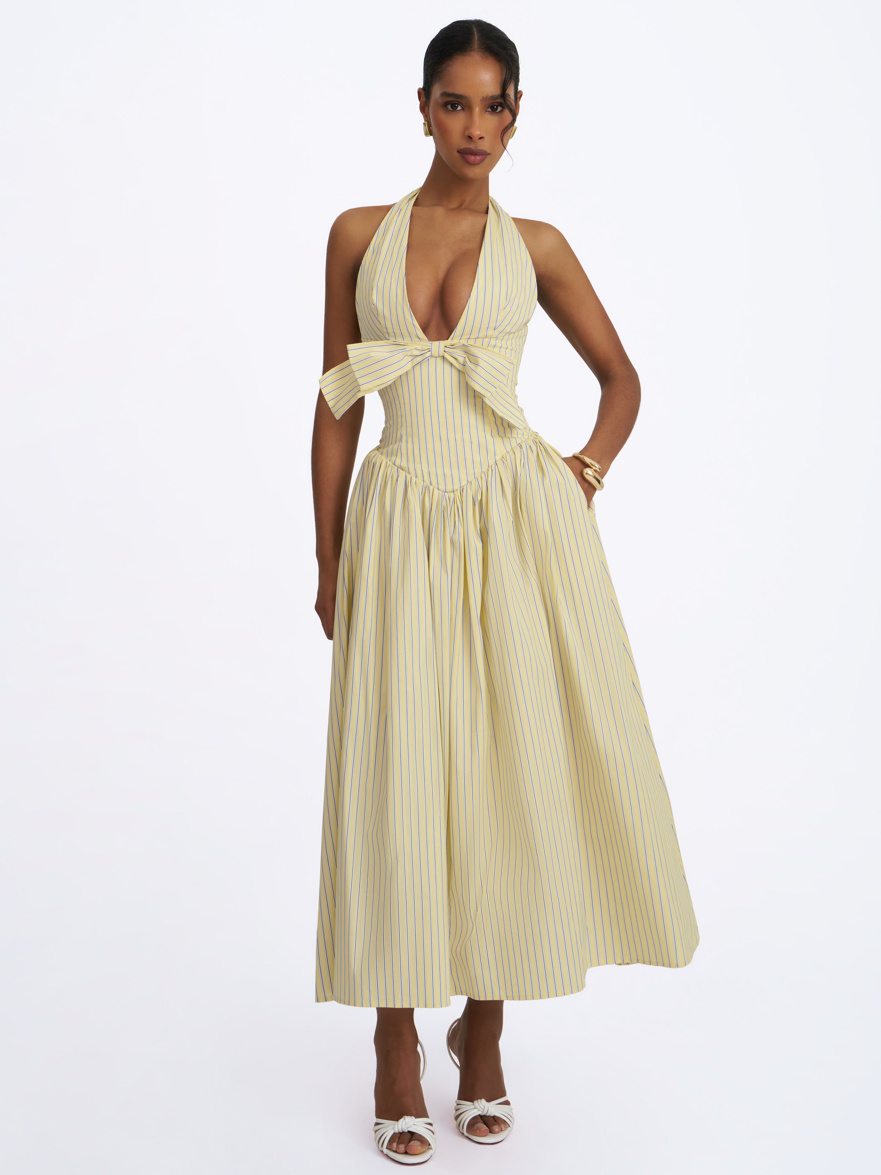 Talise Lemon Yellow Cotton Poplin Stripe Plunging Halter Maxi Dress