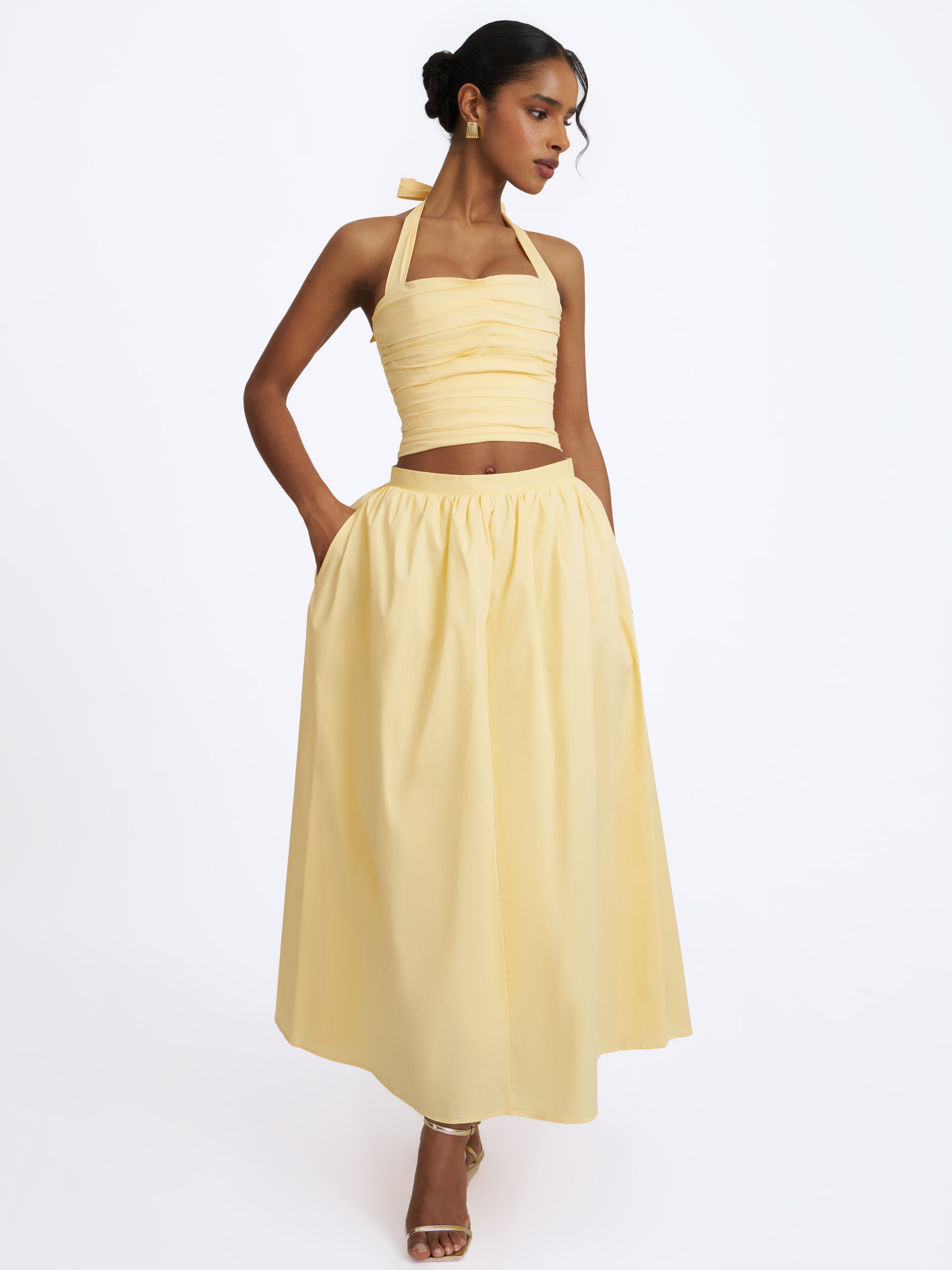 Wilsie Lemon Yellow Cotton Poplin Ruched Halter Top