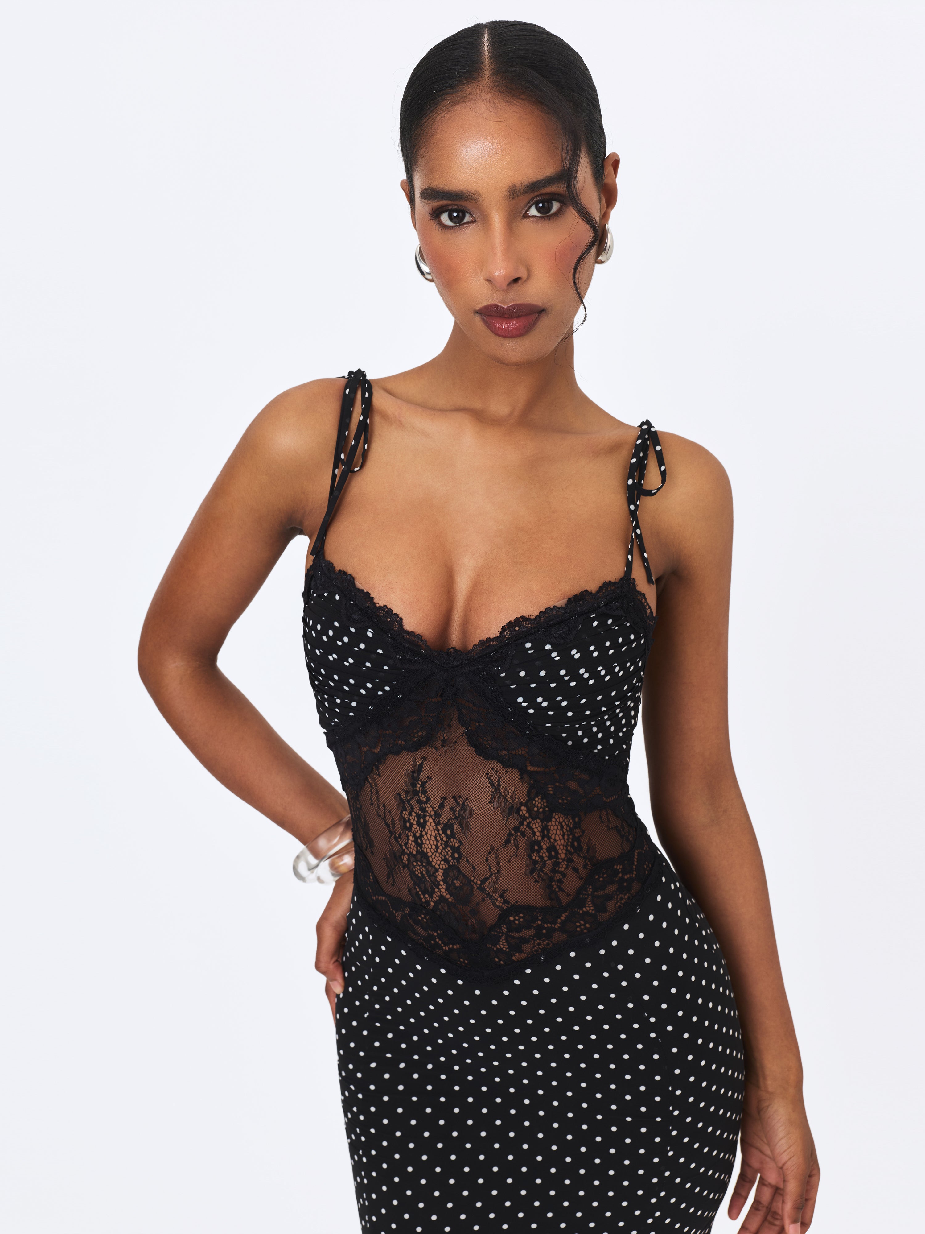 Zehra Black Polka Dot Chiffon Lace Cutout Mermaid Midi Dress