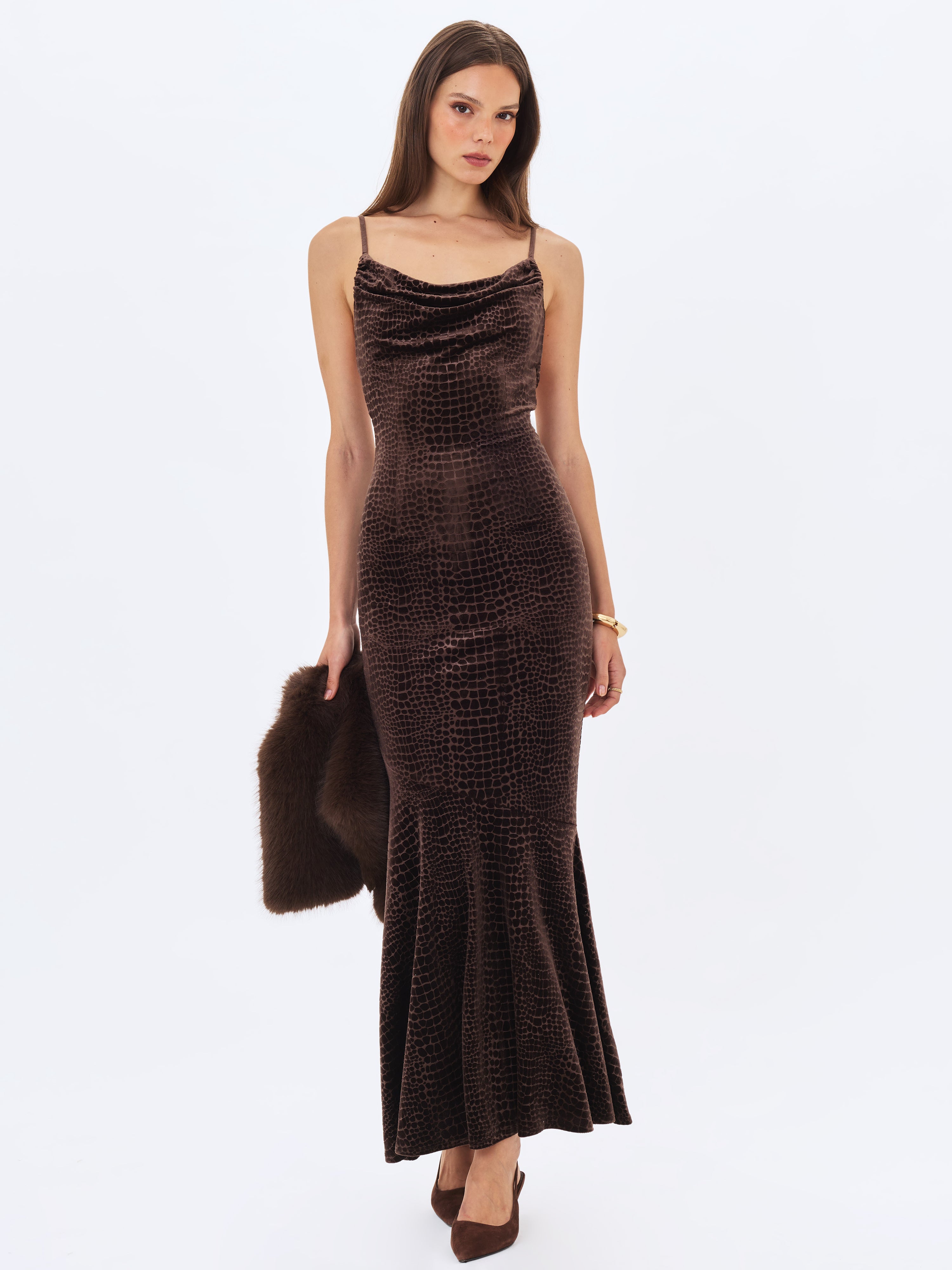 Veronique Brown Croc-Embossed Velvet Cowl Neck Mermaid Maxi Dress