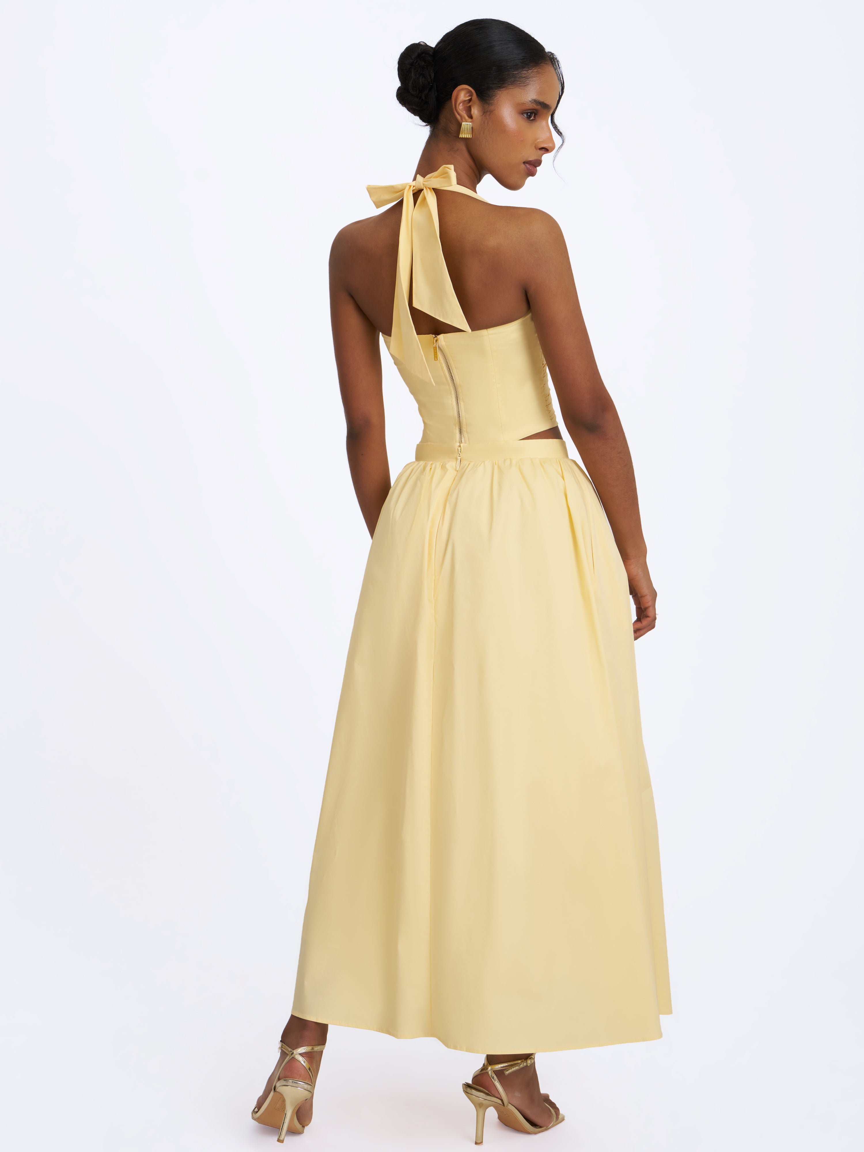 Wilsie Lemon Yellow Cotton Poplin Ruched Halter Top