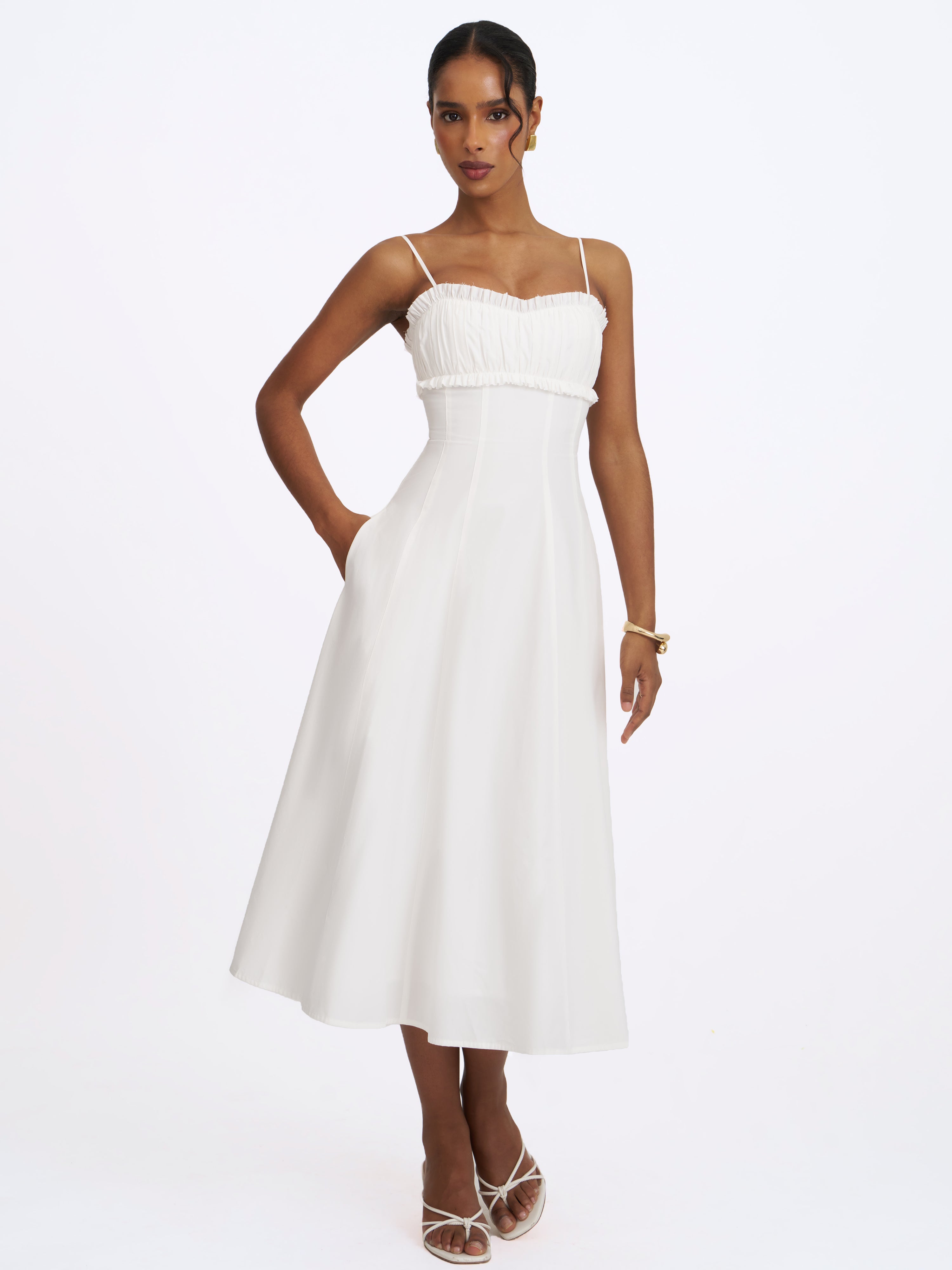 Vicenta White Cotton Poplin Ruched Midi Dress