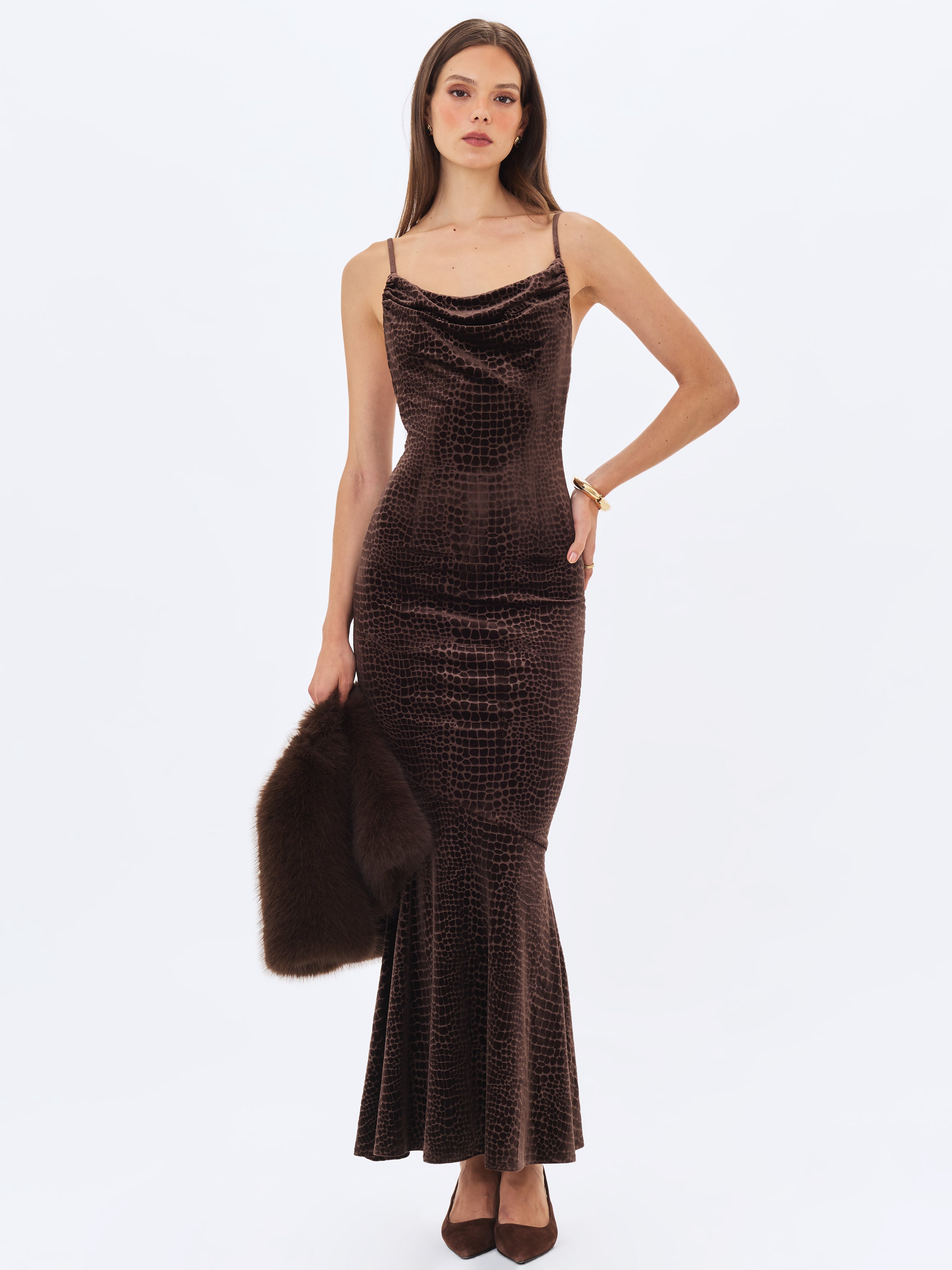 Veronique Brown Croc-Embossed Velvet Cowl Neck Mermaid Maxi Dress