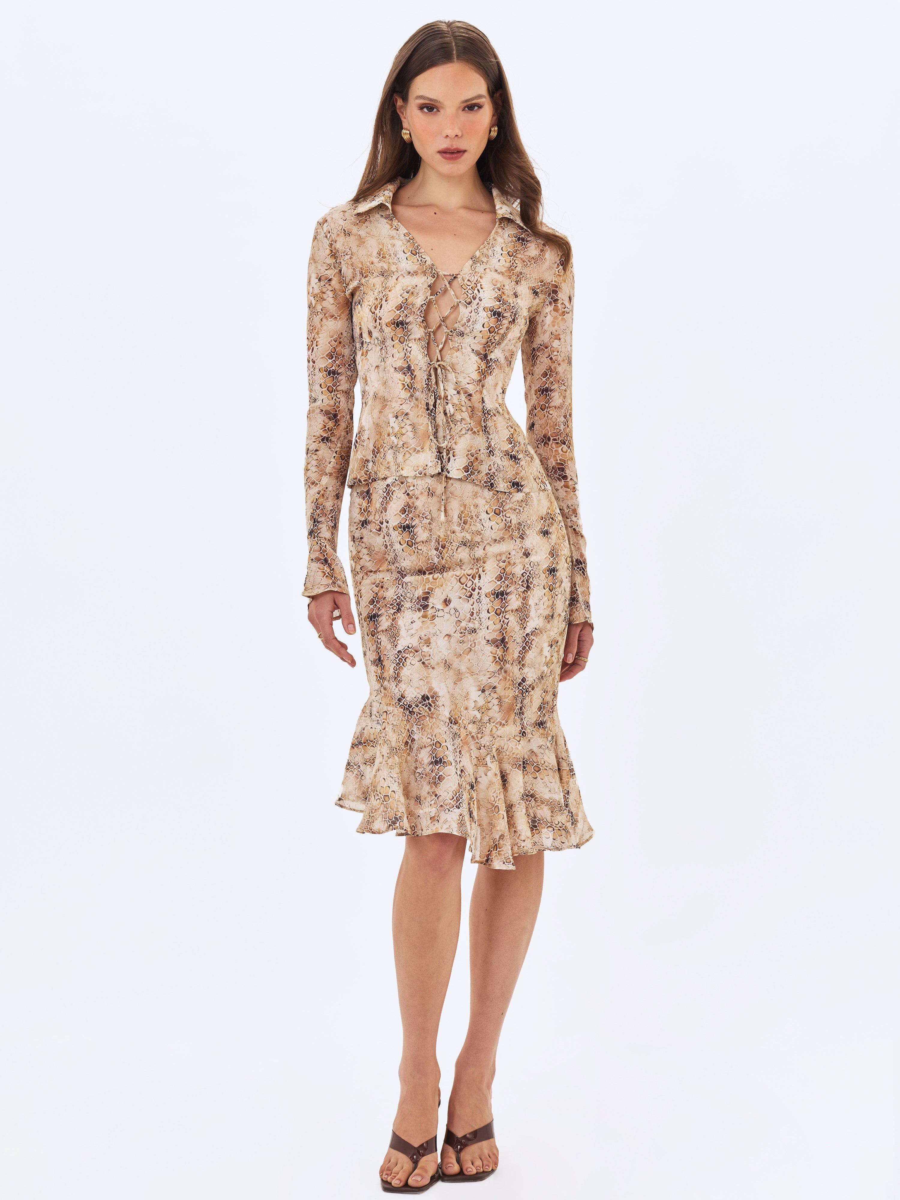 Umara Tan Reptile Print Chiffon Tie-Front Top