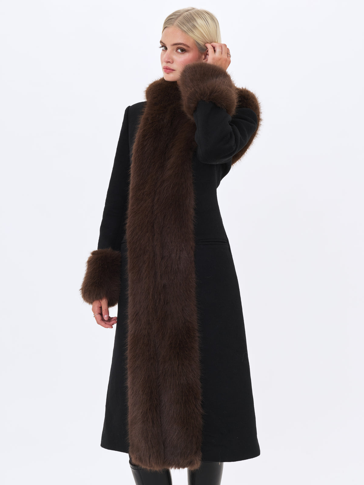 Sloan Black Wool Blend Sculpted Midi Coat with Fur Hood