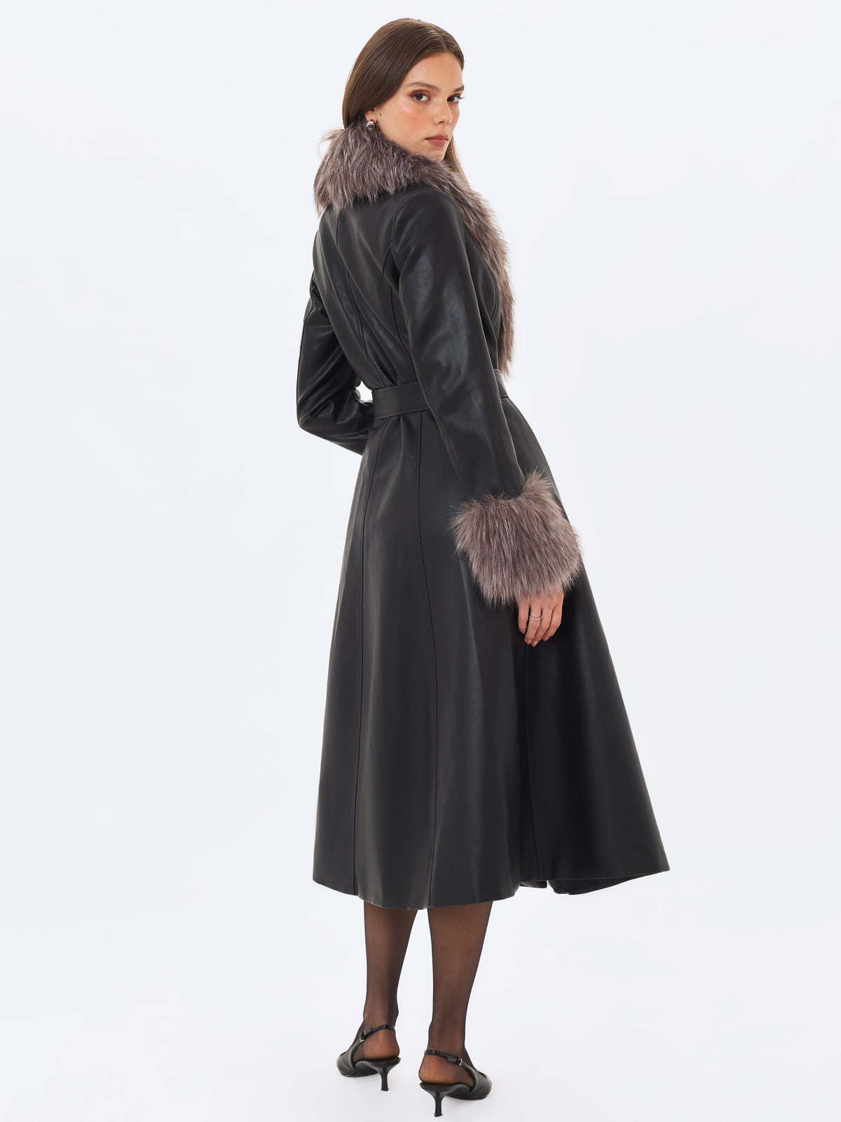 Nico Black Faux Leather Fur-Trimmed Belted A-Line Midi Coat