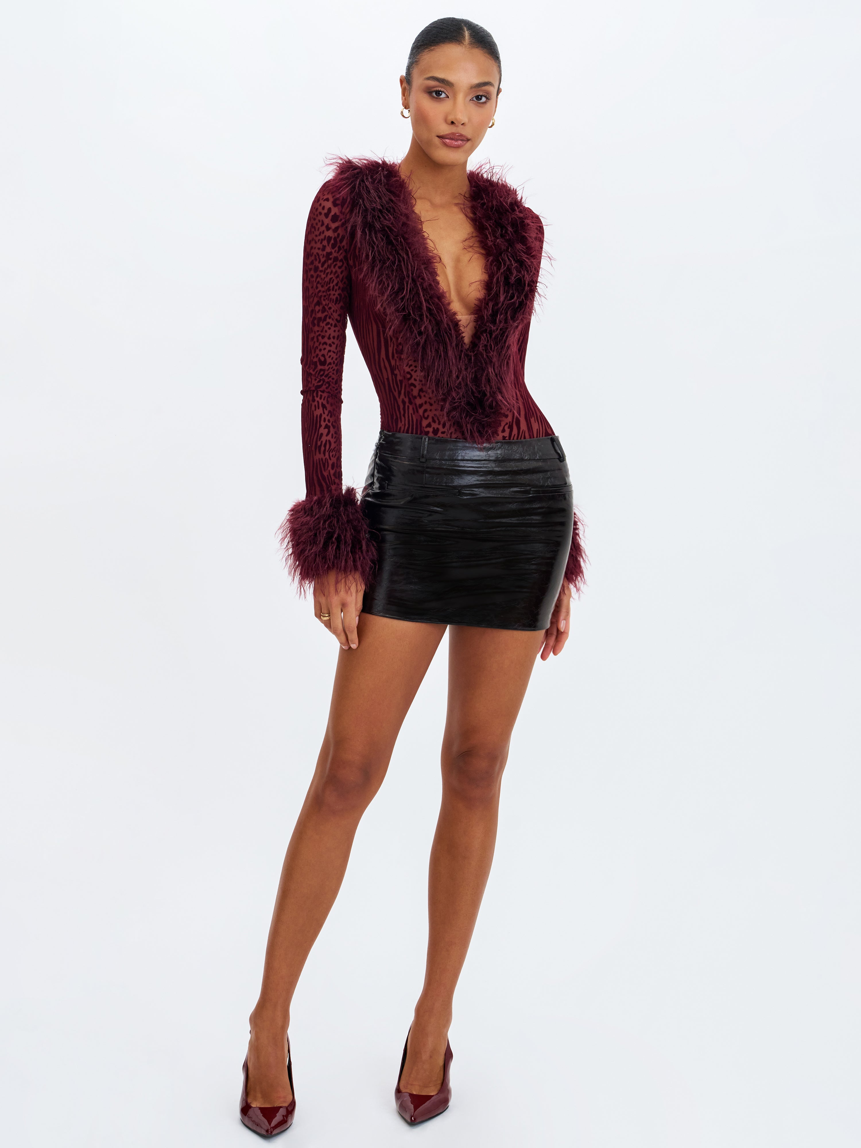 Valene Burgundy Burnout Velvet Fur-Trim Bodysuit