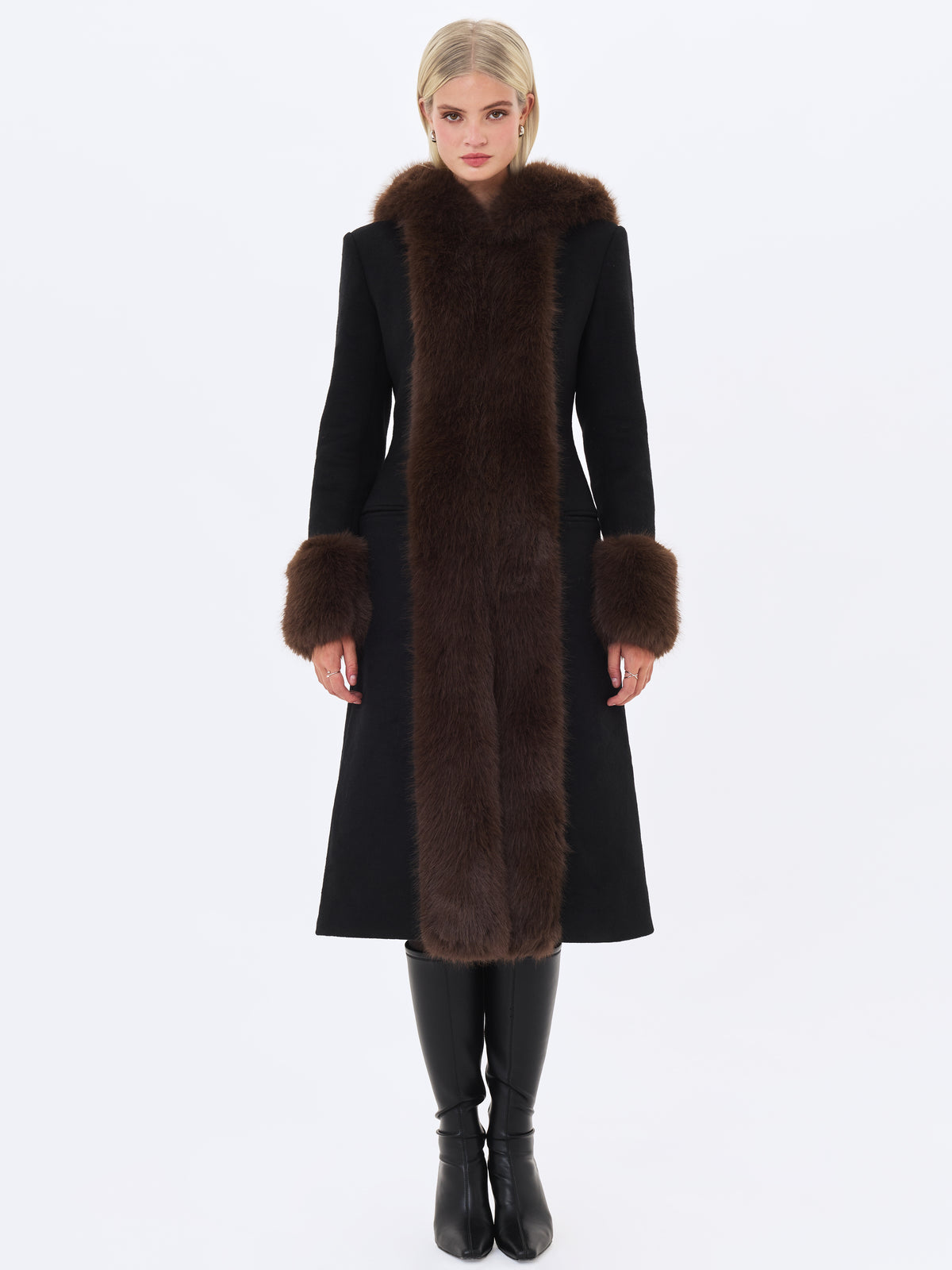 Sloan Black Wool Blend Sculpted Midi Coat with Fur Hood