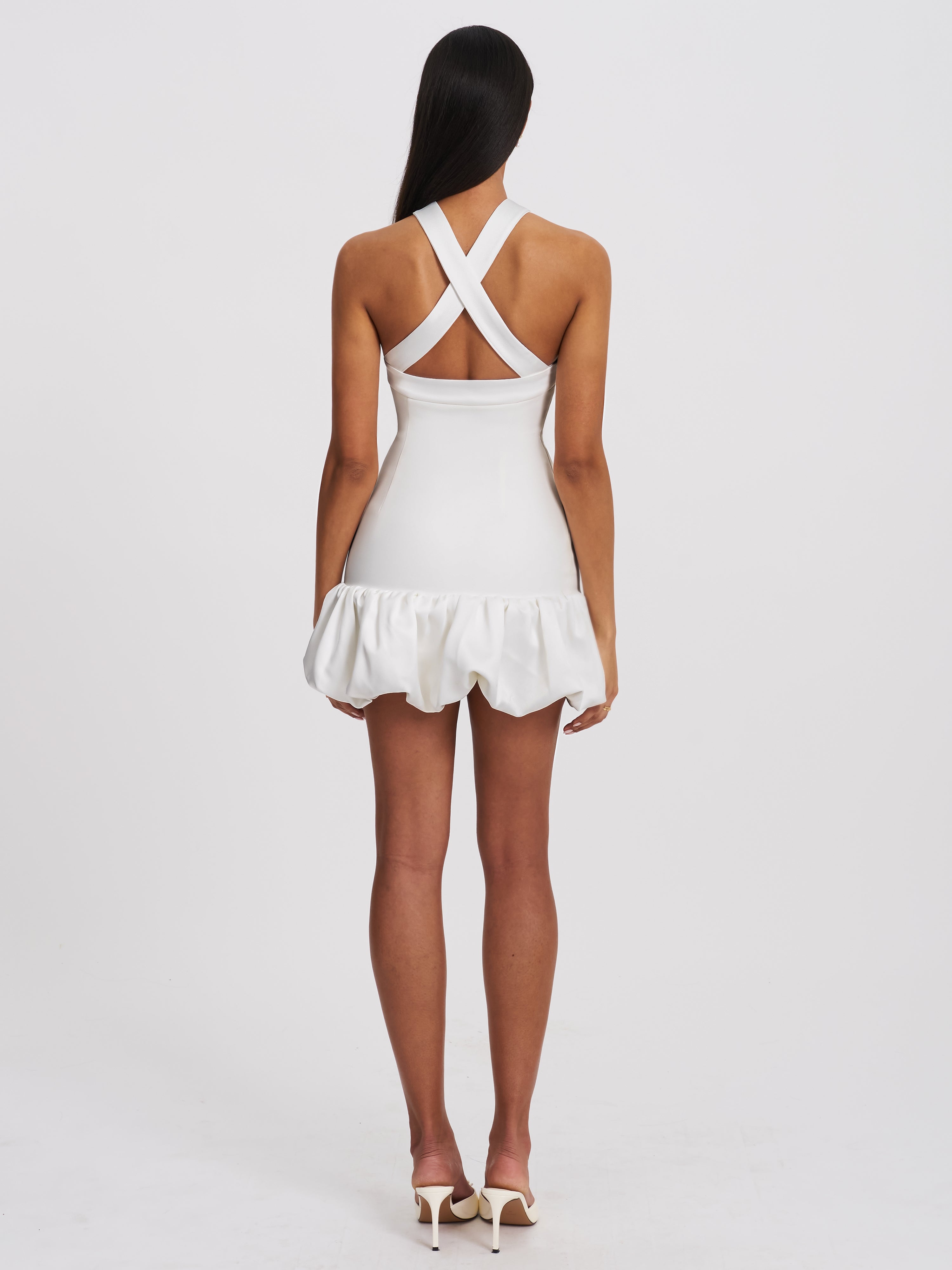 Barbra White Cross Straps Bodycon Mini Dress with Bubble Hem