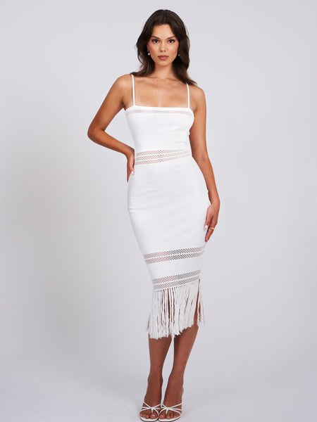 Soraya White Knit Crochet Fringe Midi Dress – Miss Circle