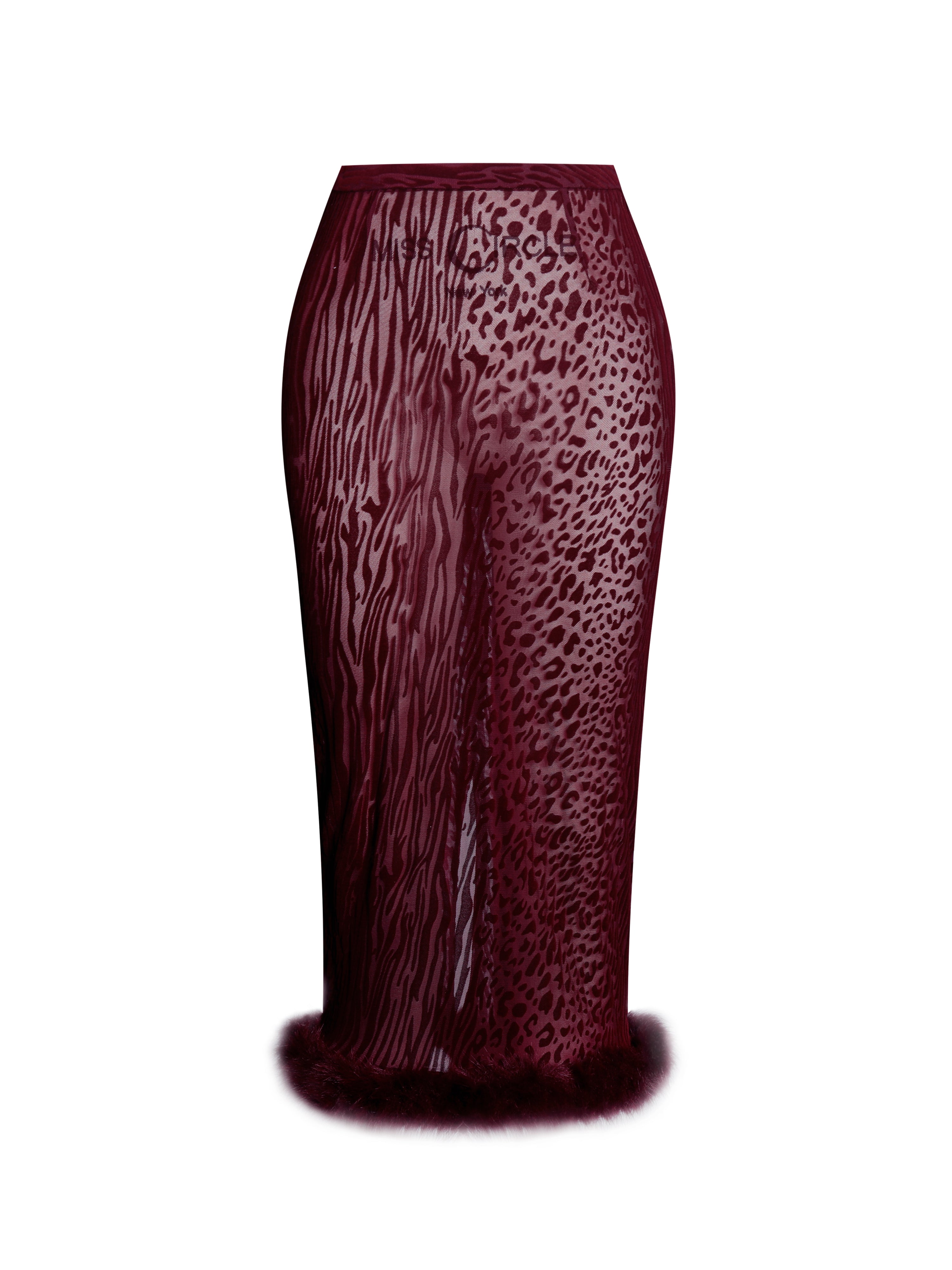 Halia Burgundy Animal Print Burnout Velvet Fur Trim Skirt