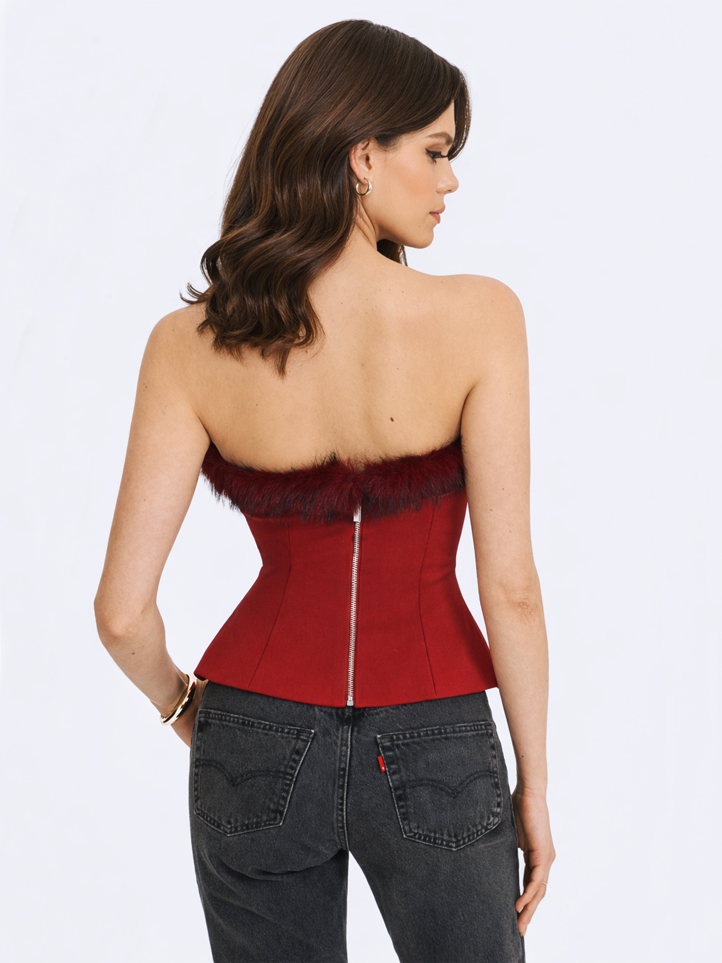 Ivette Crimson Fur-Trimmed Peplum Top