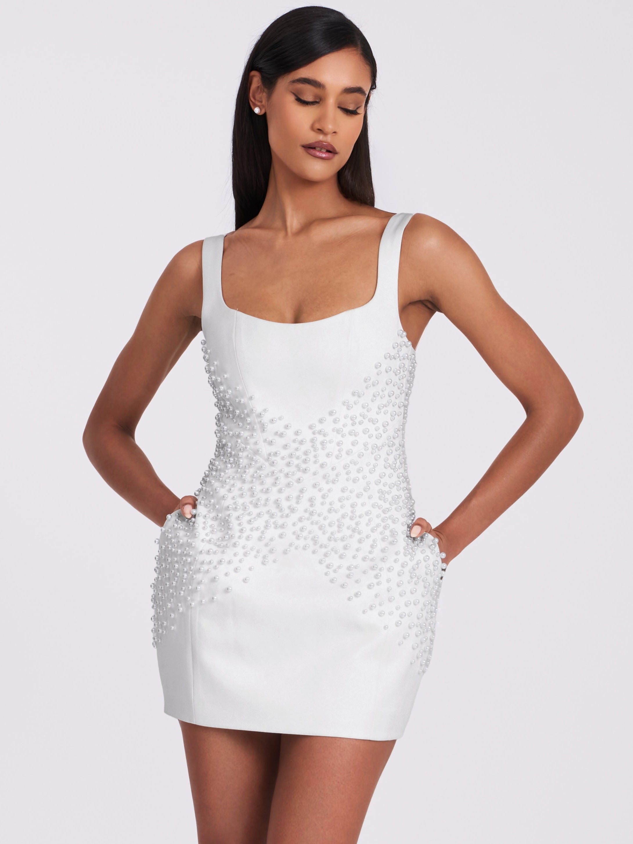 Tais Pearl Beaded Cocoon Shape Sleeveless Mini Dress