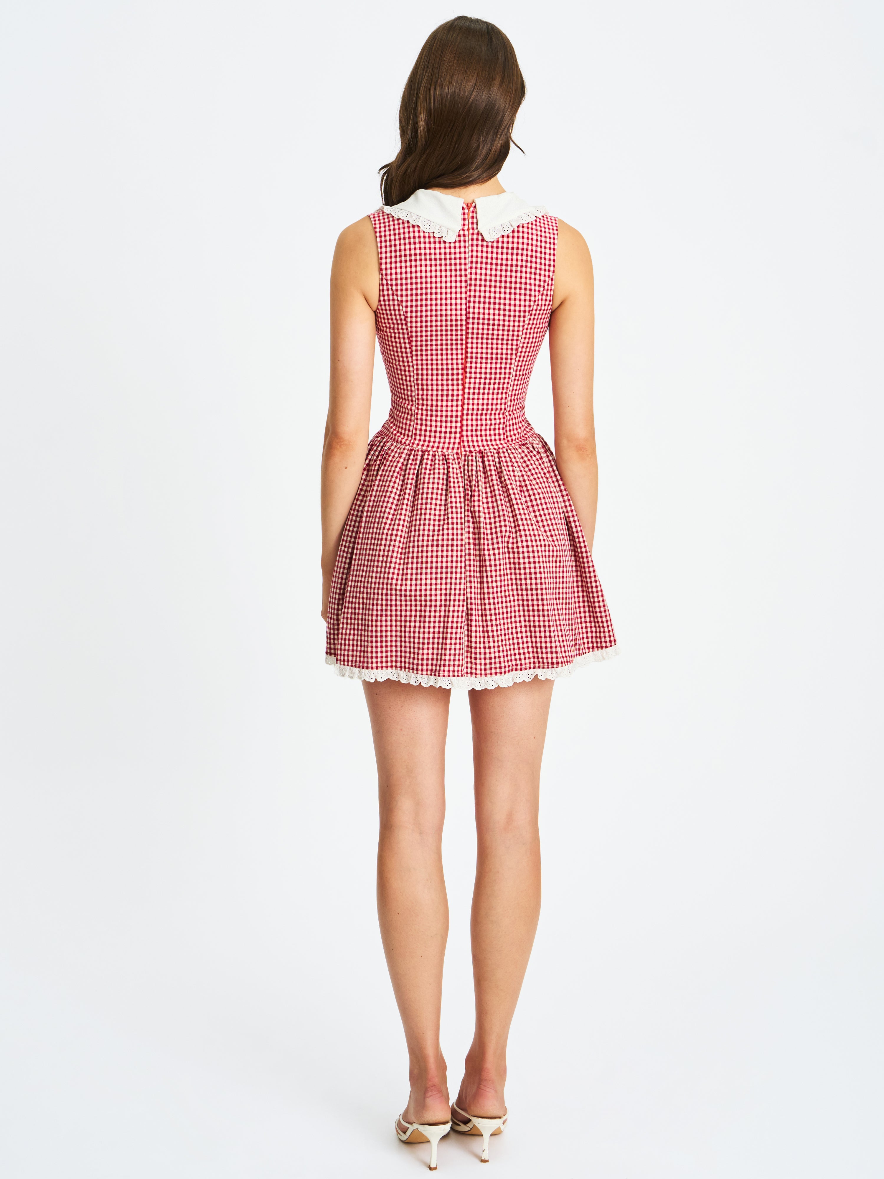 Nala Red Gingham Eyelet Lace Trim Peterpan Collar Mini Dress