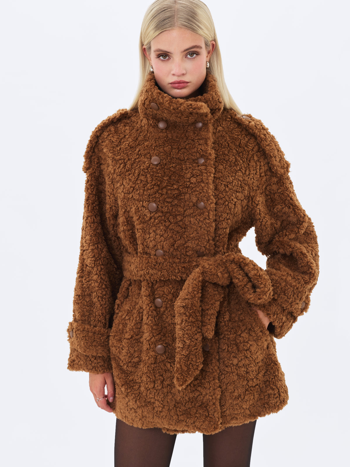 Marlow Chestnut Teddy Fur Funnel Collar Belted Mini Coat