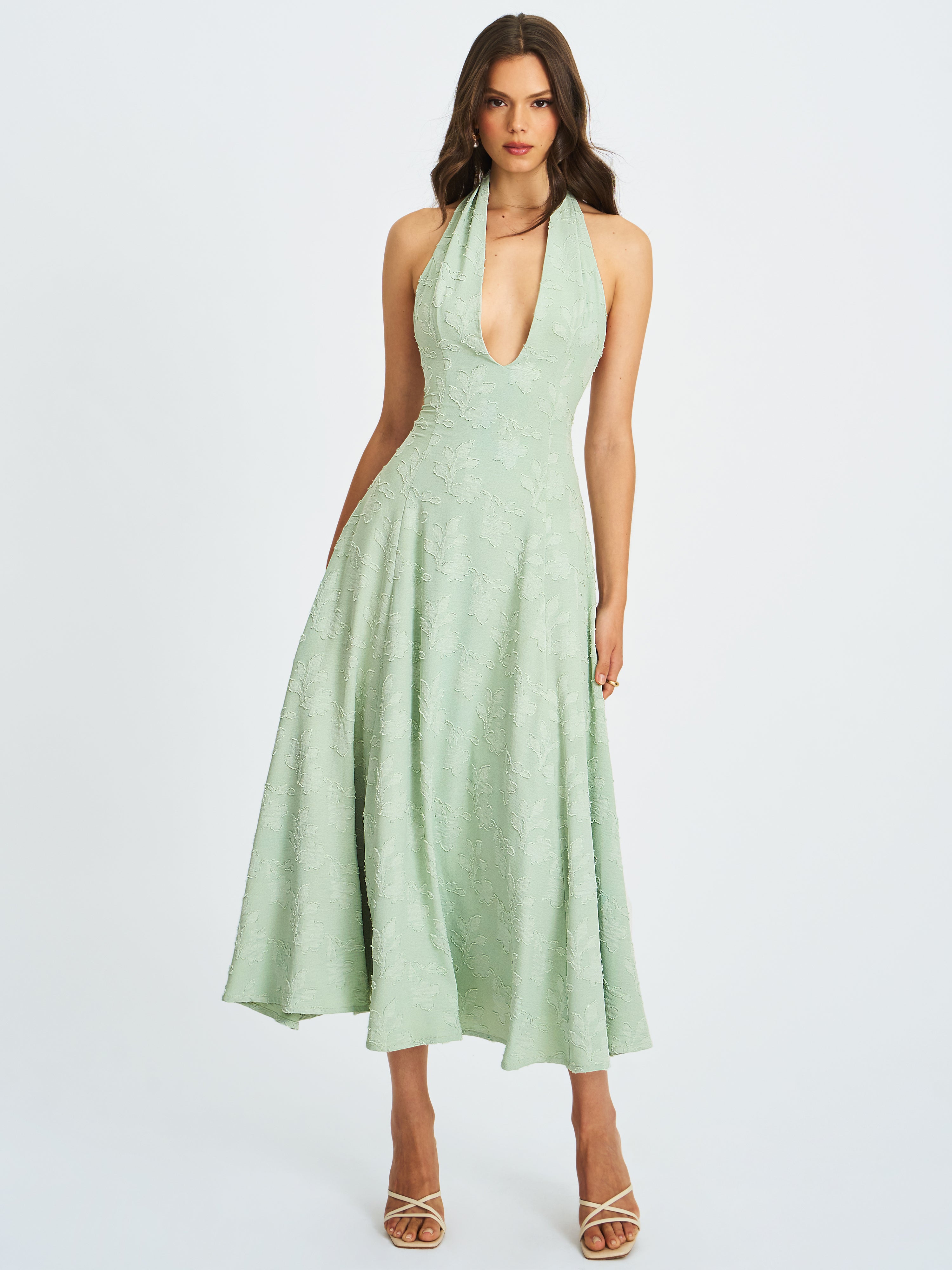 Magda Mint Green Deep V Neck Halter A-line Midi Dress