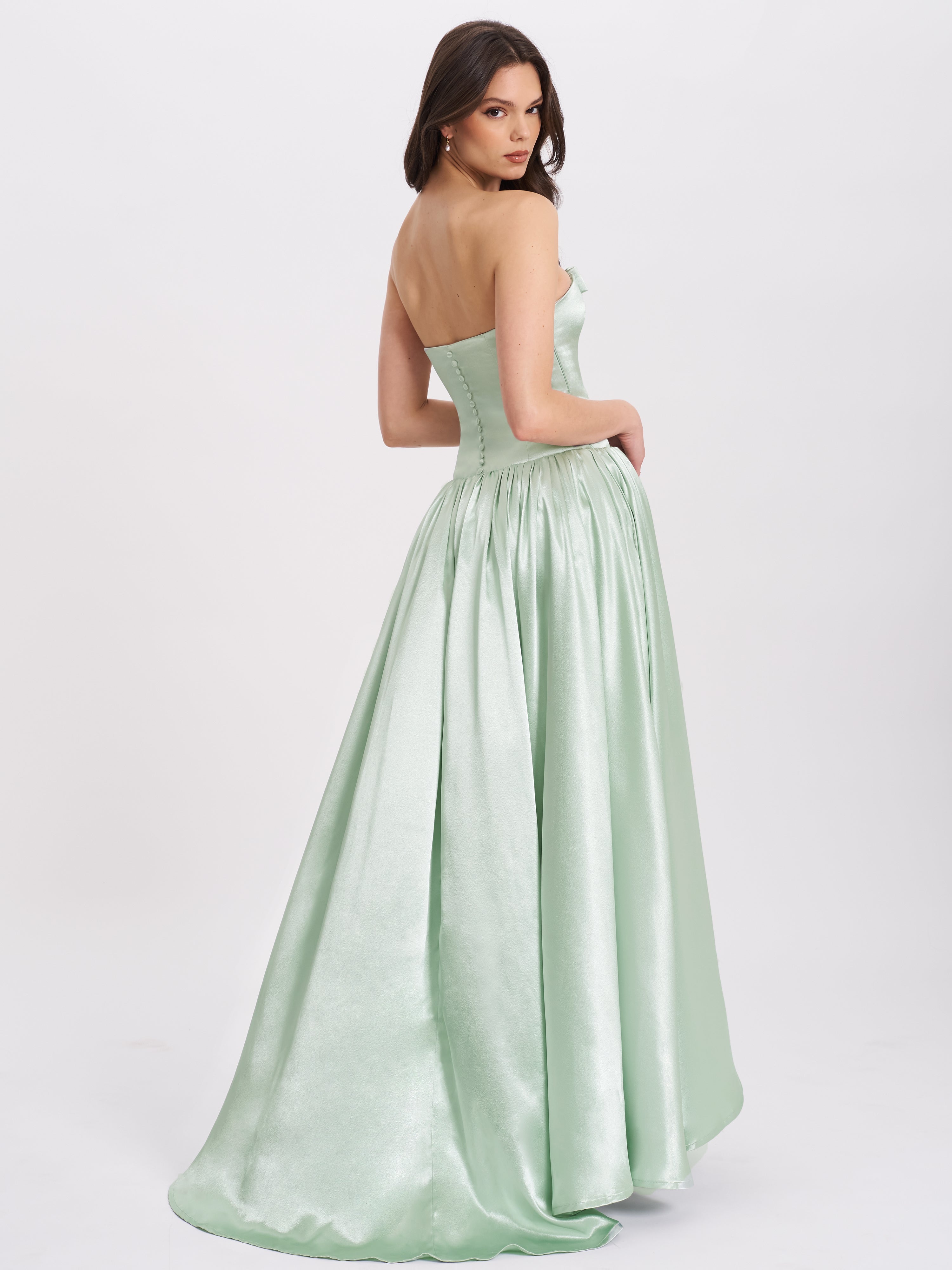 Lael Mint Green Back Button Trailing Gown
