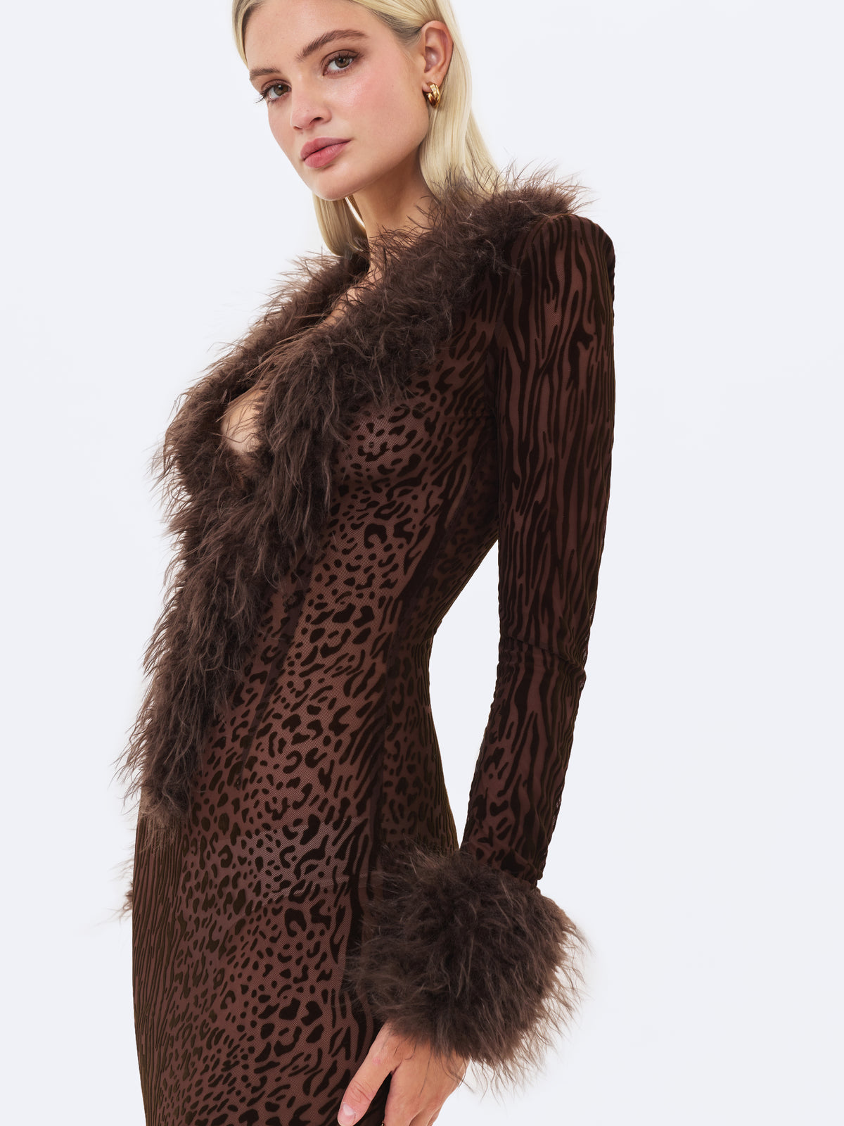 Luana Brown Plunging Fur Trimmed Burnout Mesh Maxi Dress