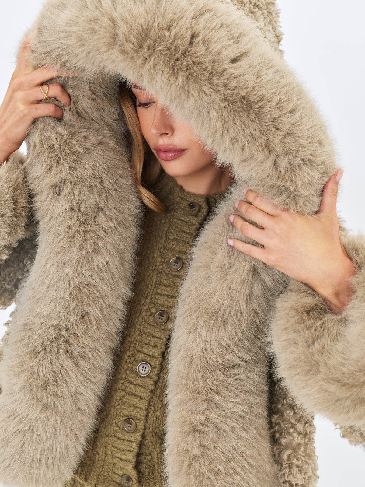Kali Khaki Cropped Vegan Shearling Fur Jacket