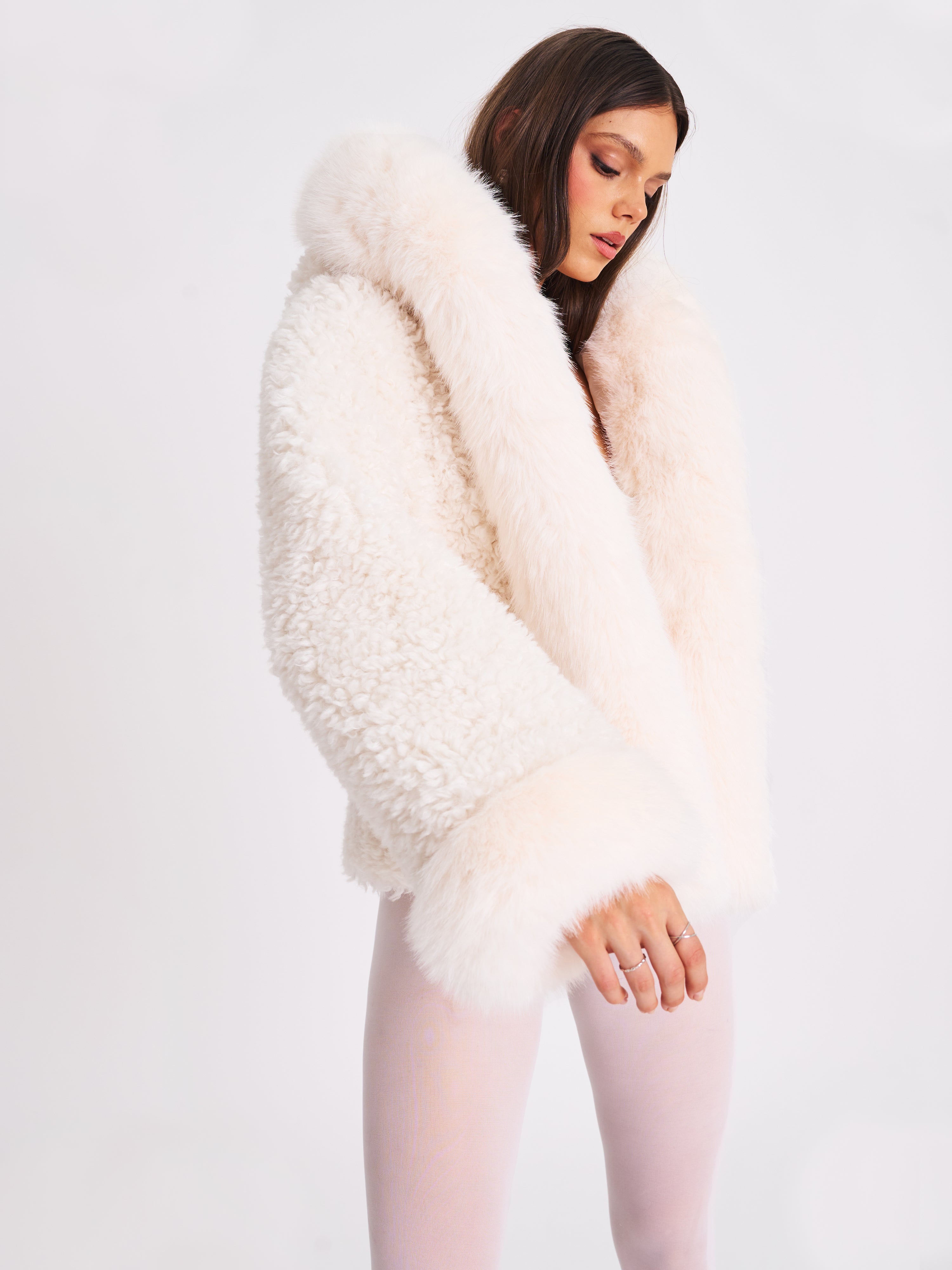 Jumbo Kali White Vegan Shearling Fur Trimmed Coat