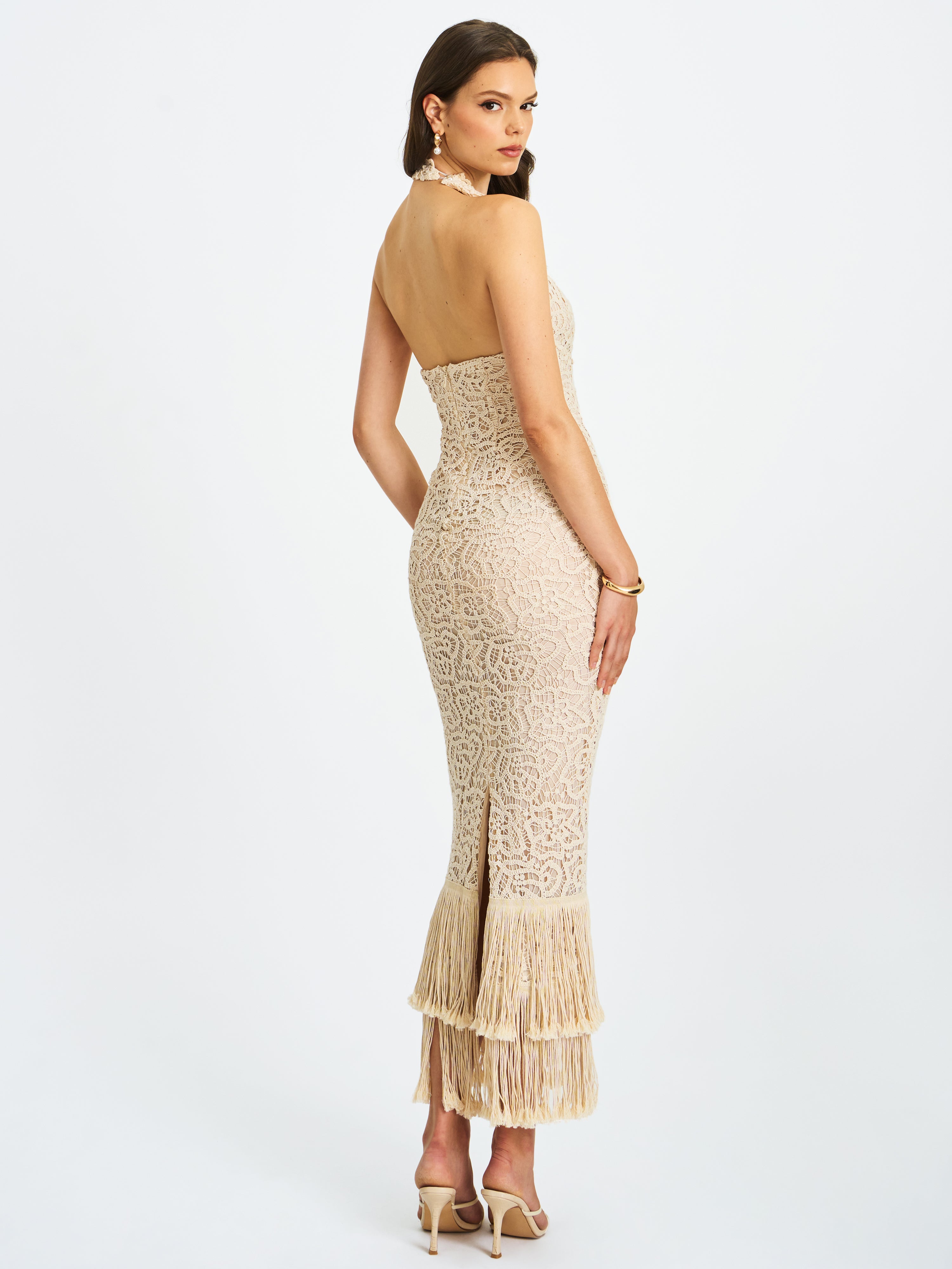 Faelyn Off-White Double Fringe Crochet Halter Maxi Dress