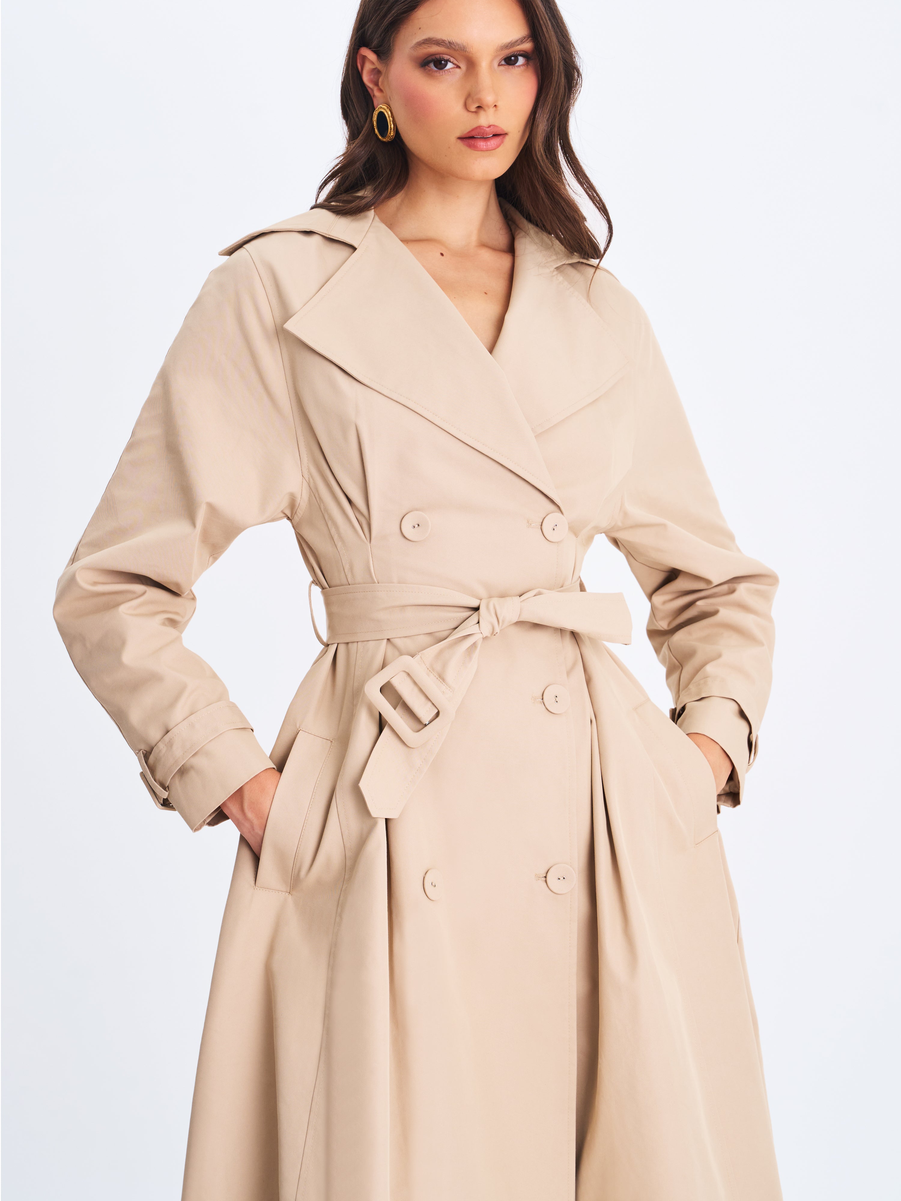 Ulila Beige Double-Breasted Pleated Cotton-Blend Trench Coat