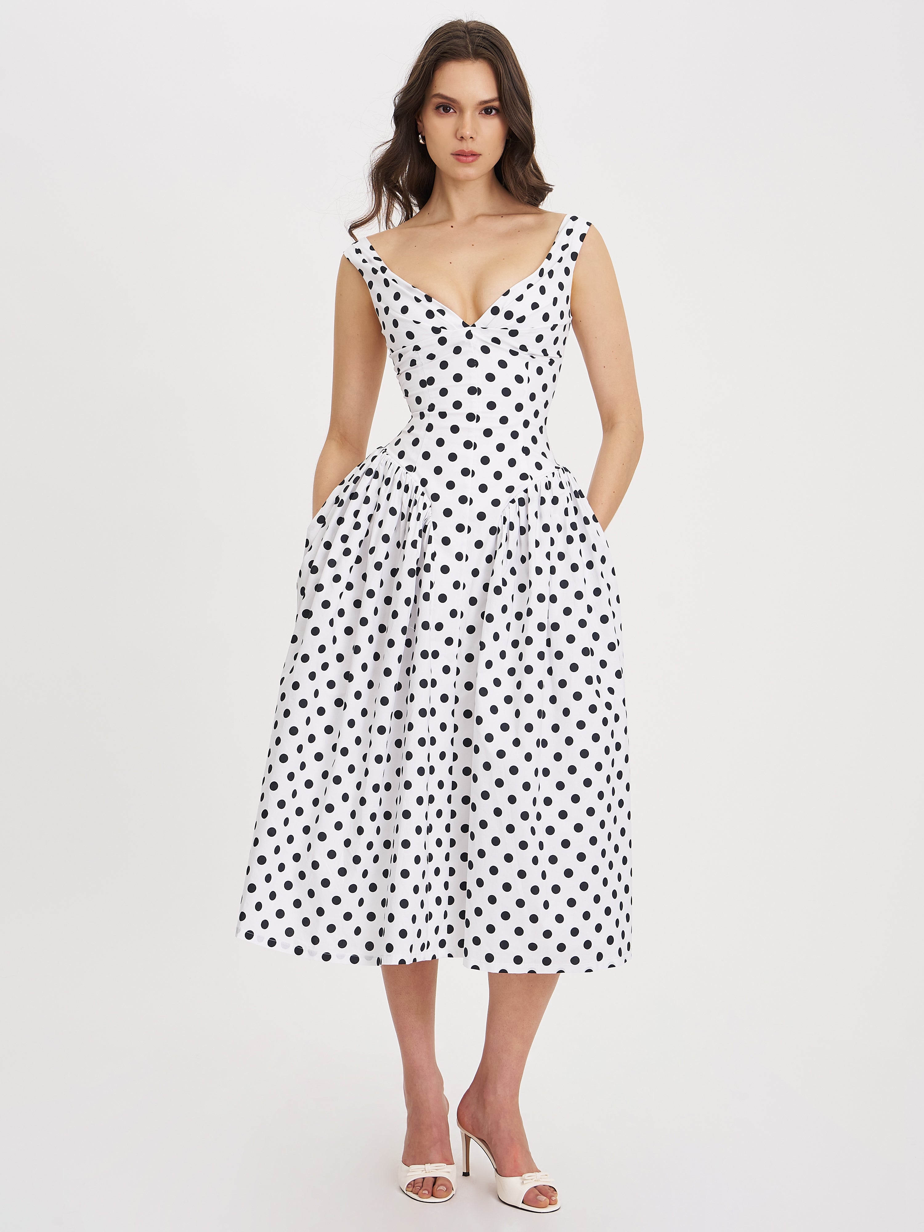Rahma Polka Dot Drop Waist Midi Cotton Poplin Dress