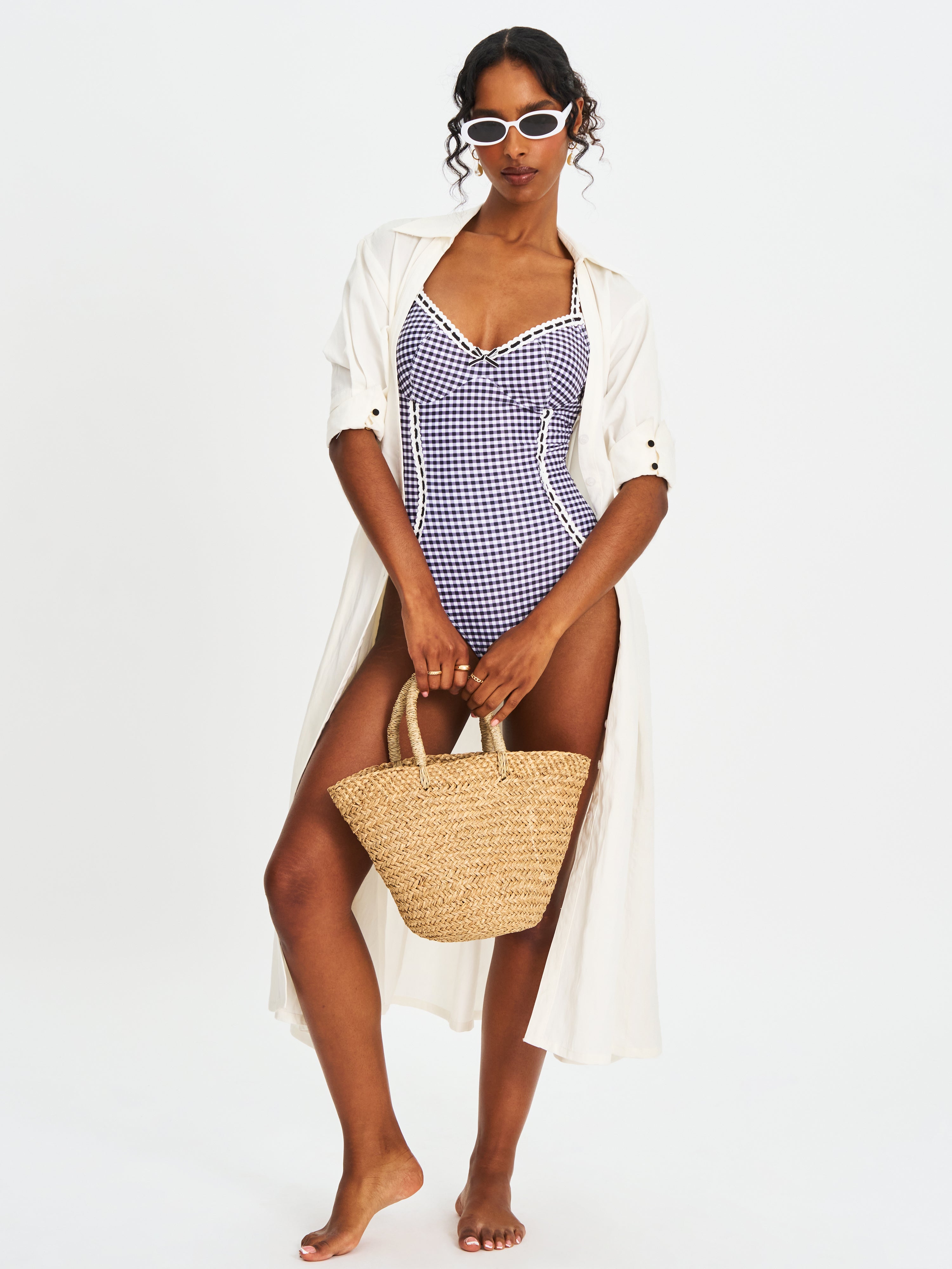 Gigi Black Gingham Lace Strap Backless Swimsuit