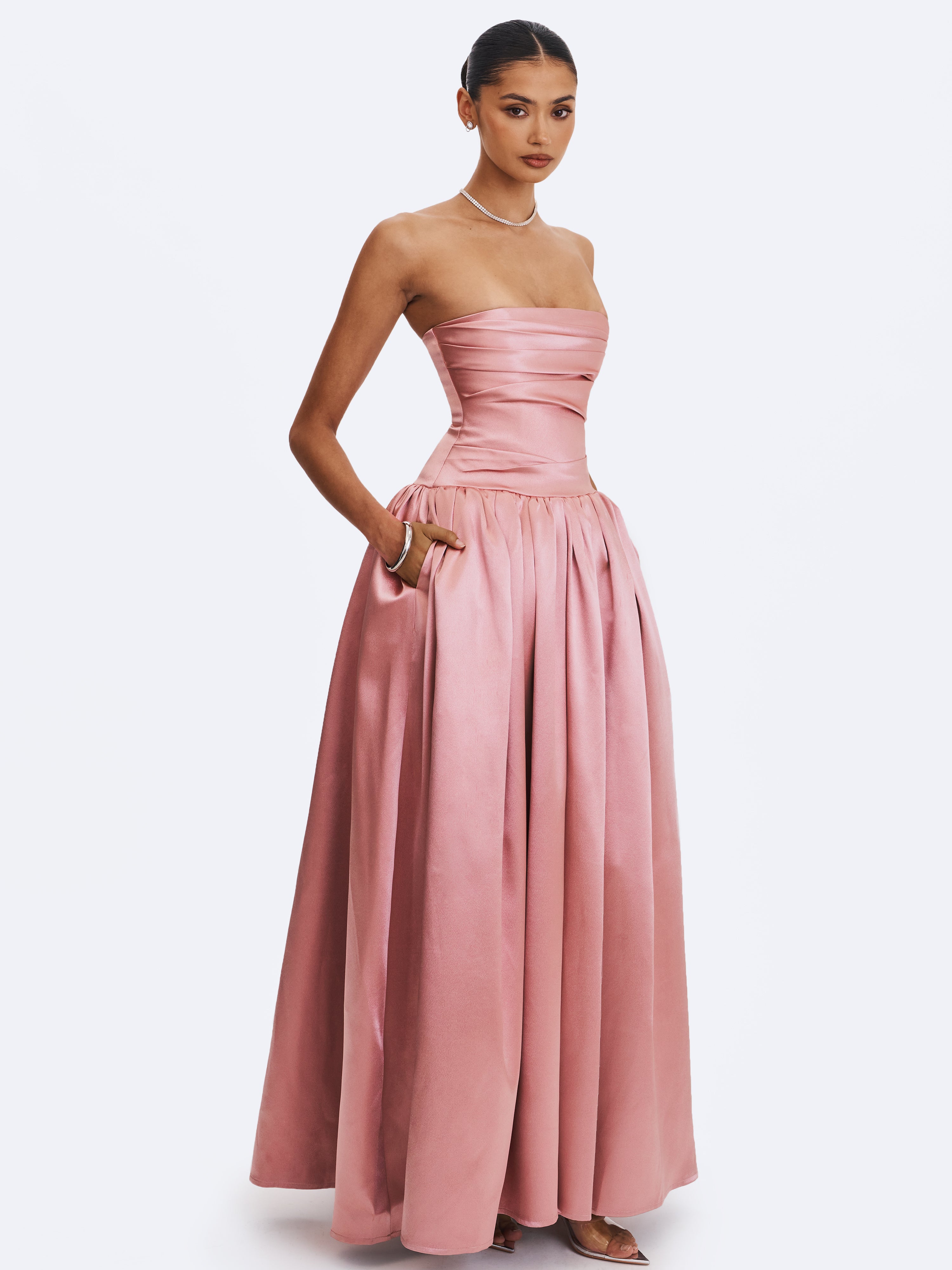 Willette Deep Rose Satin Strapless Gathered Maxi Dress