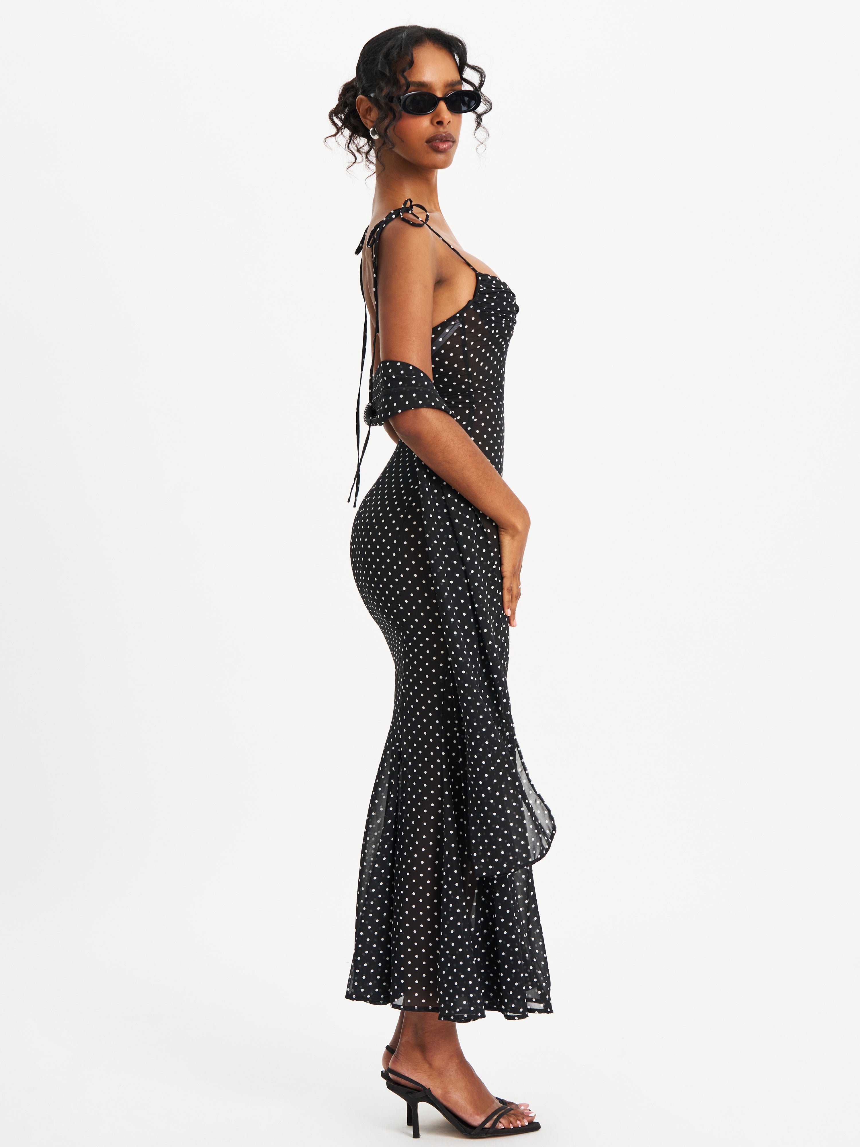 Yadira Black Base Polka Dot Chiffon Maxi Dress