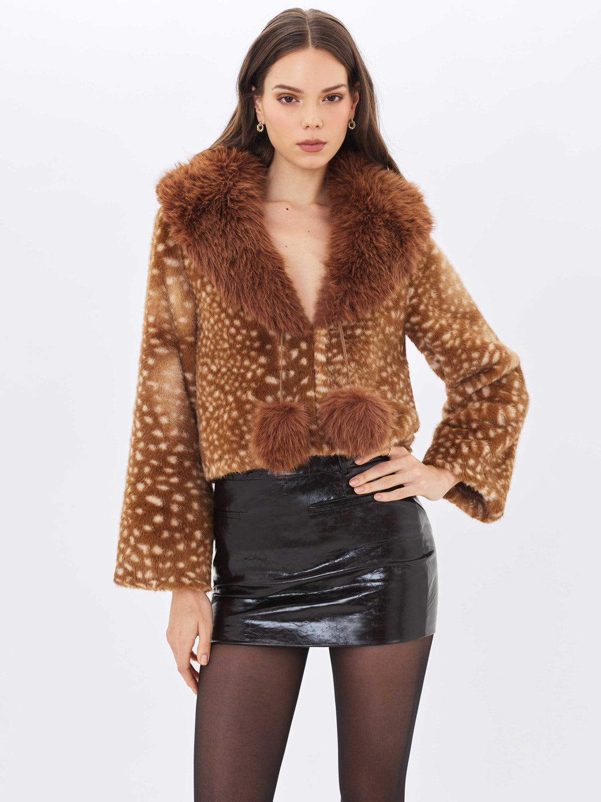 Mia Chestnut Faux Fur Bambi Print Mini Coat