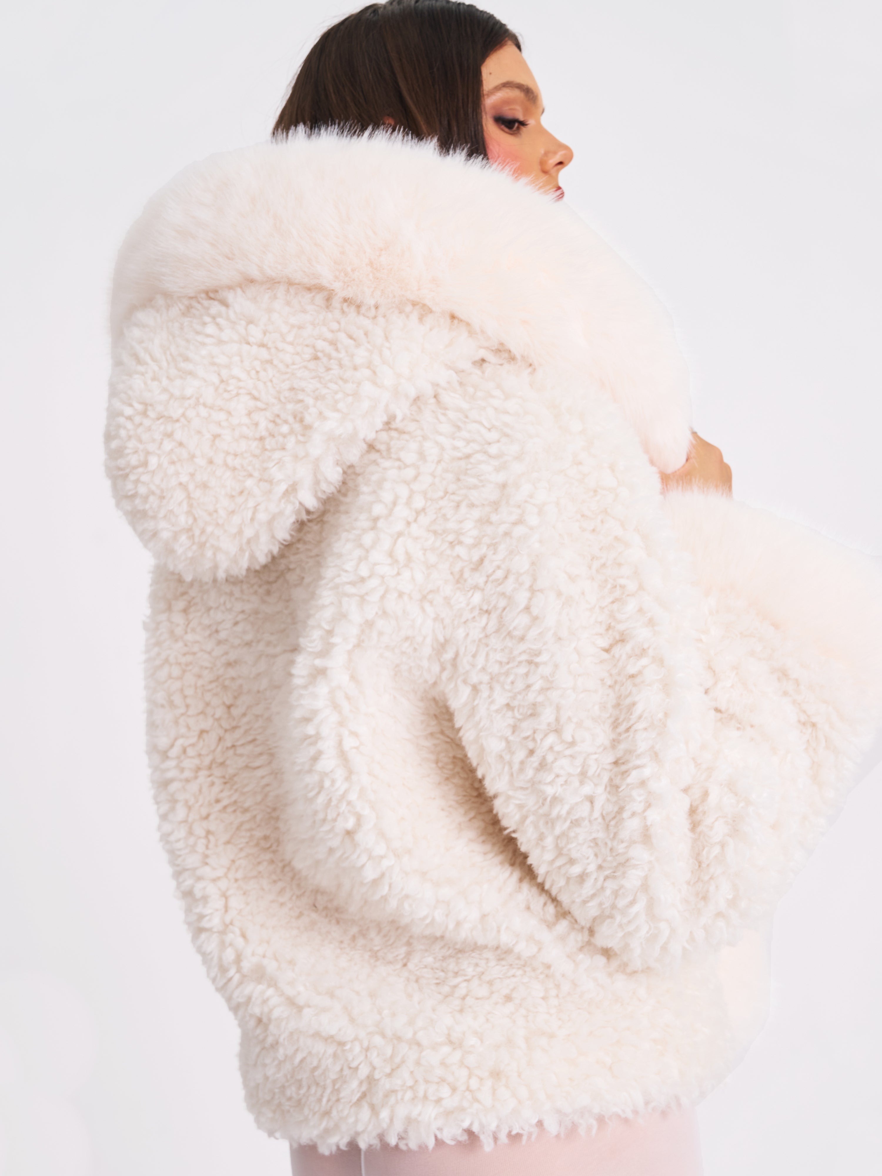 Jumbo Kali White Vegan Shearling Fur Trimmed Coat
