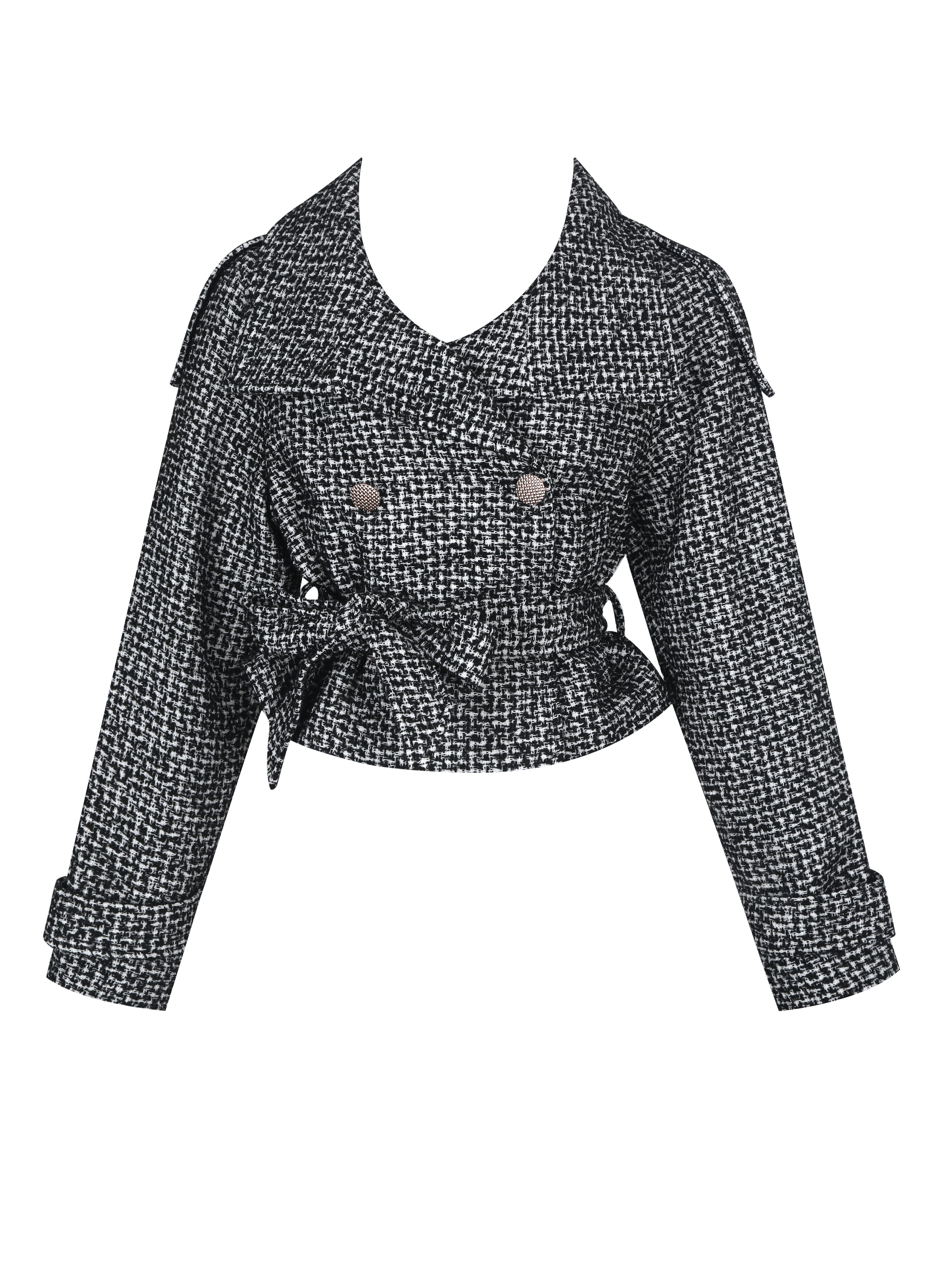 Sadie Black & White Tweed High Collar Belted Mini Jacket