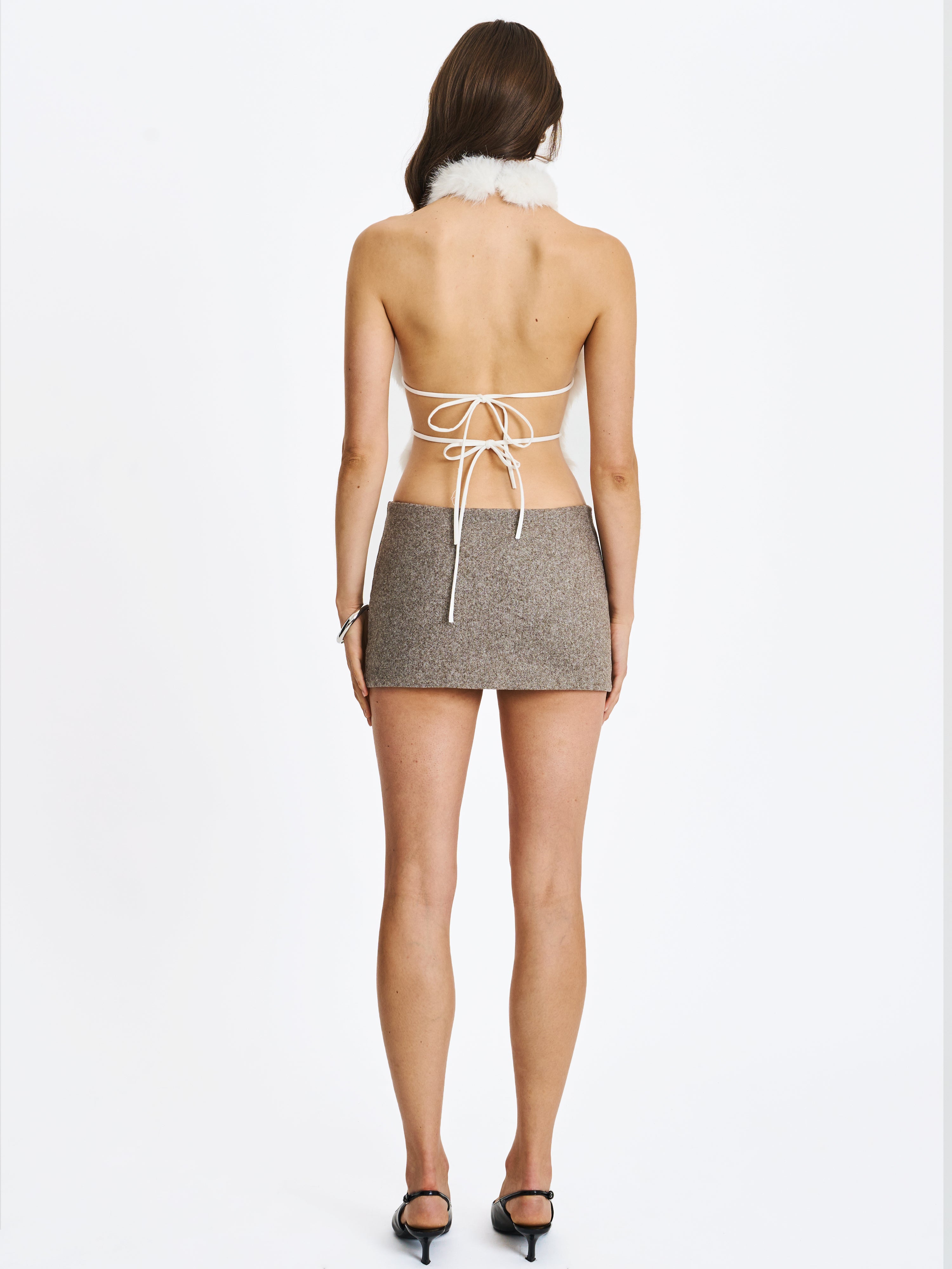 Oona White Backless Contoured Fur Halter Top