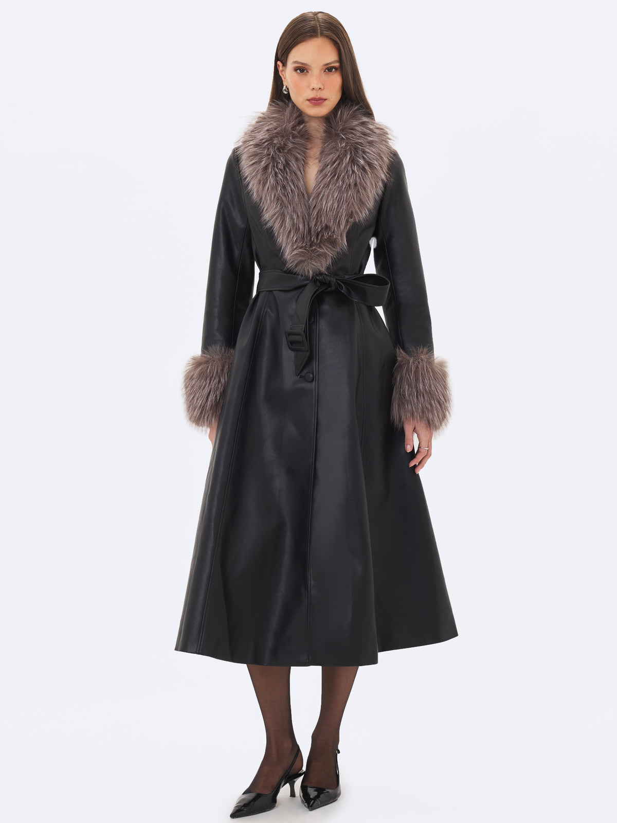 Nico Black Faux Leather Fur-Trimmed Belted A-Line Midi Coat