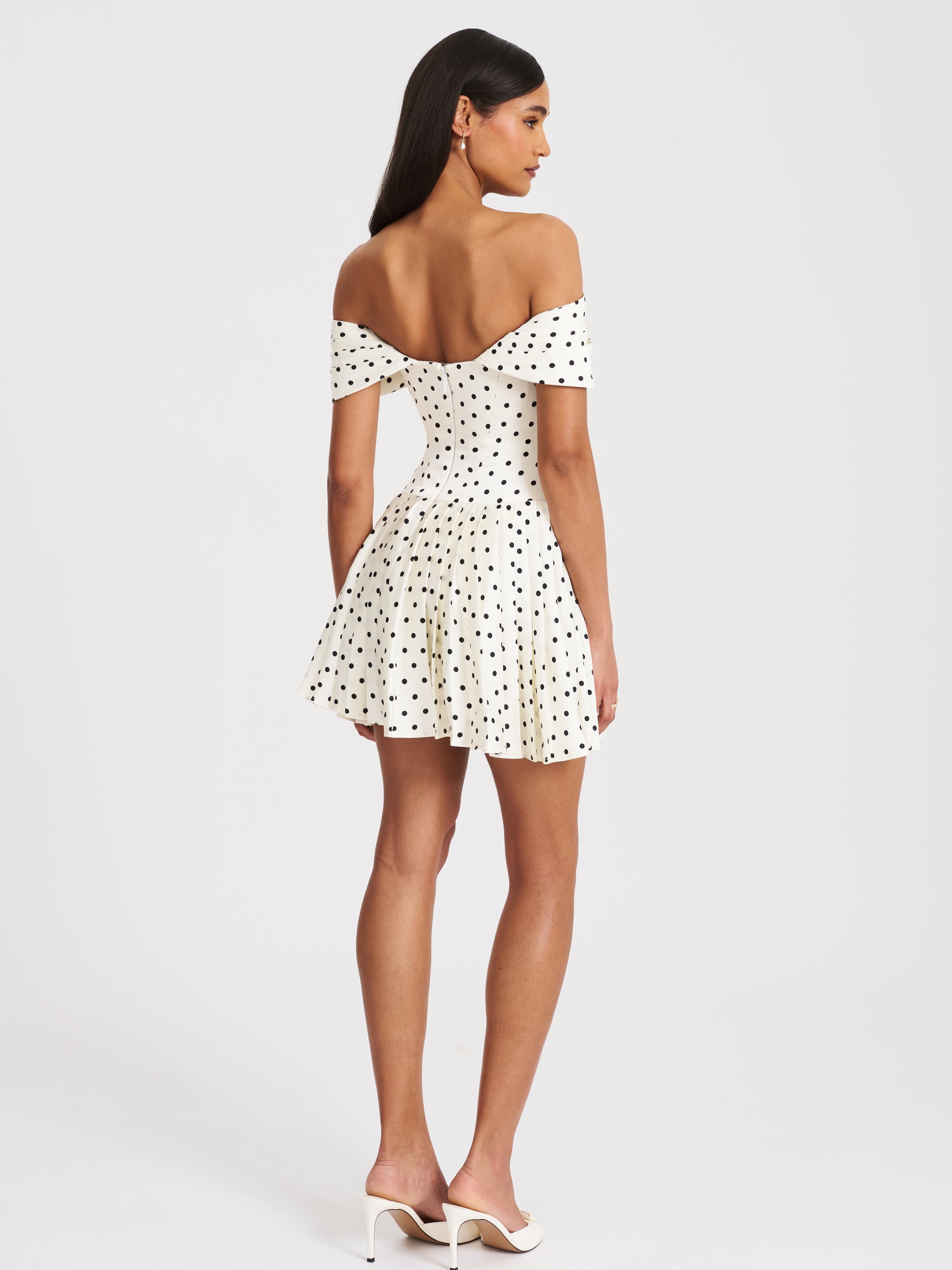 Edeline Polka Dot Off-shoulder Pleated Mini Dress