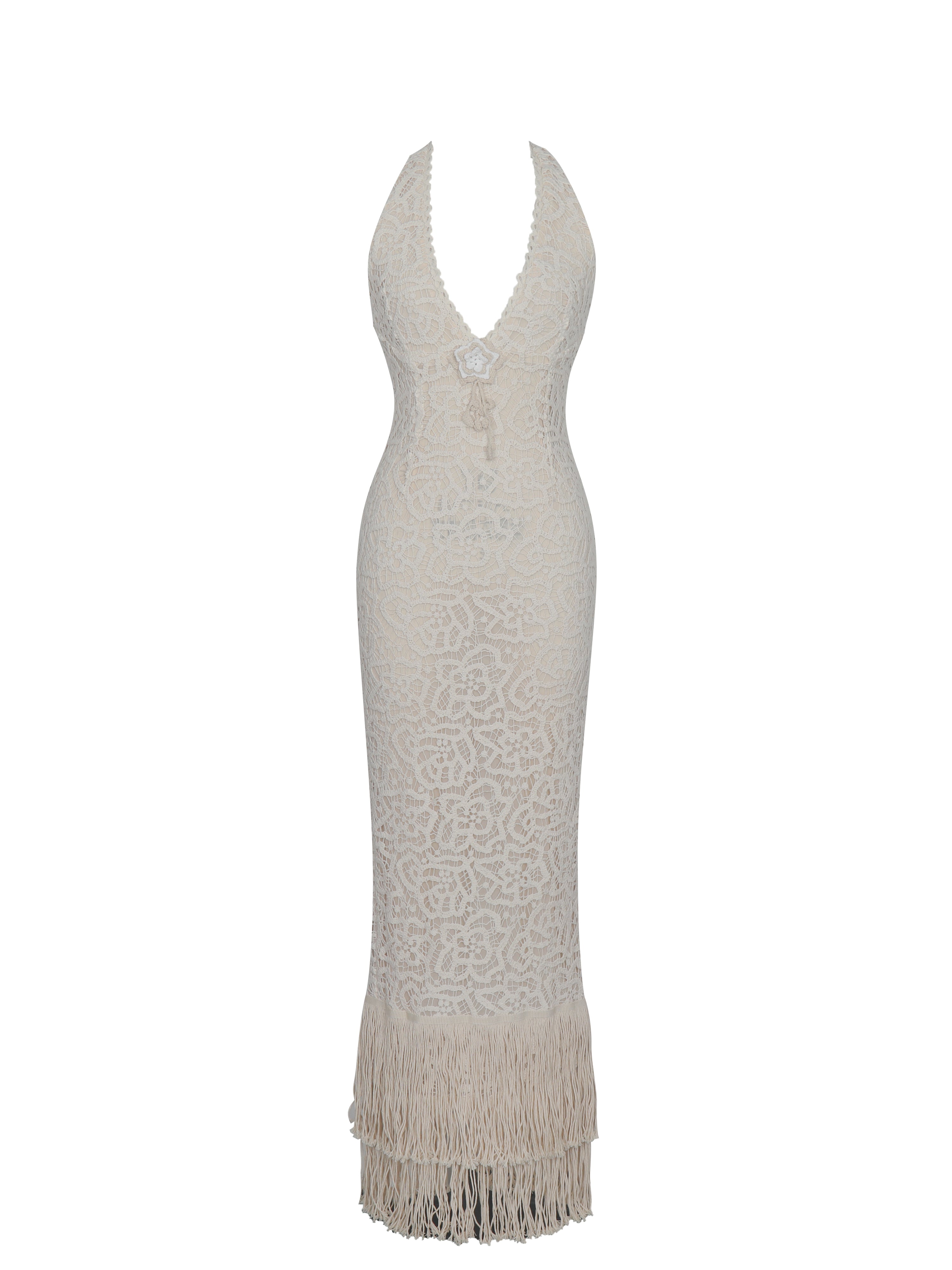 Faelyn Off-White Double Fringe Crochet Halter Maxi Dress