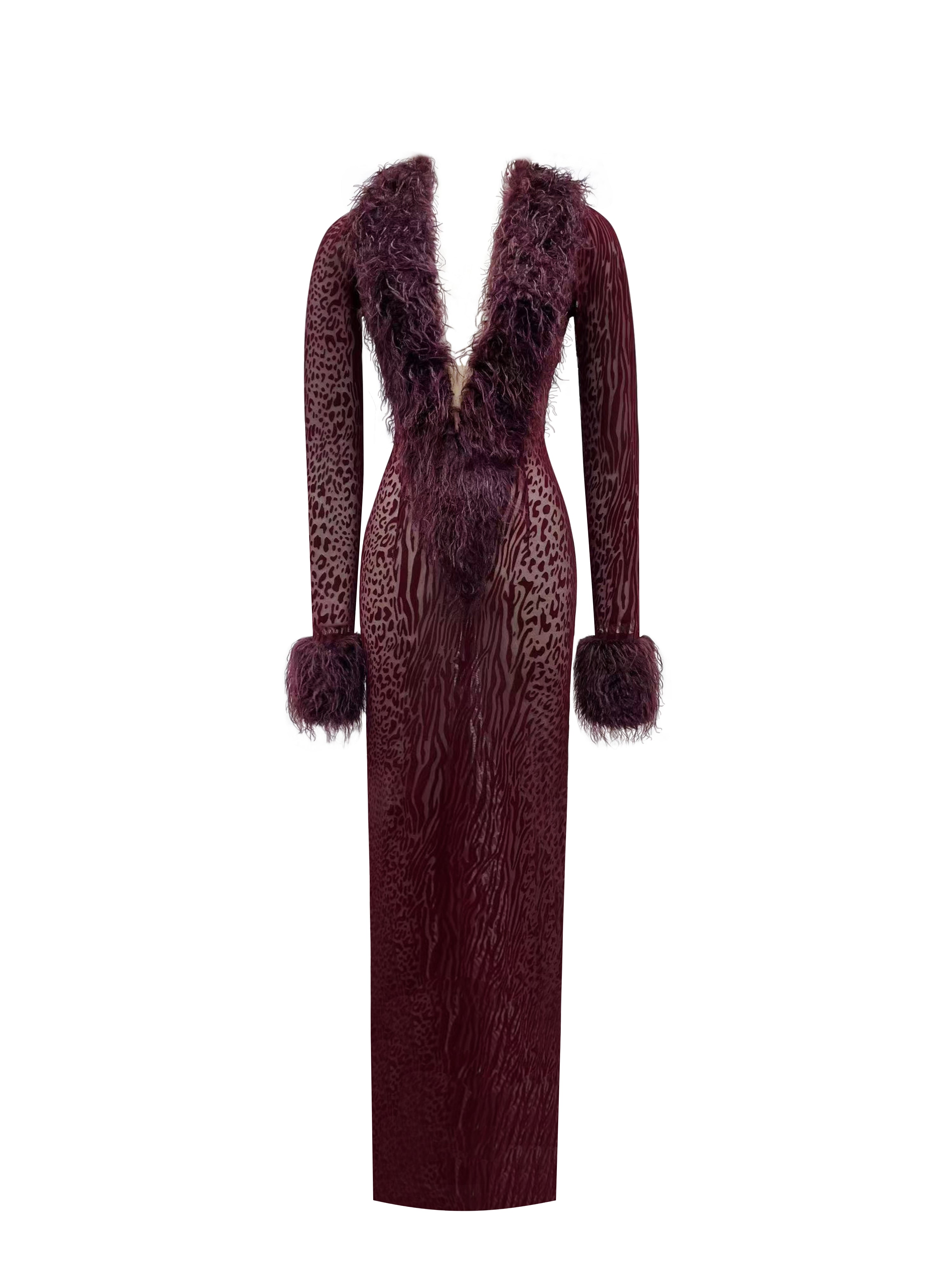 Luana Burgundy Plunging Fur Trimmed Crochet Maxi Dress